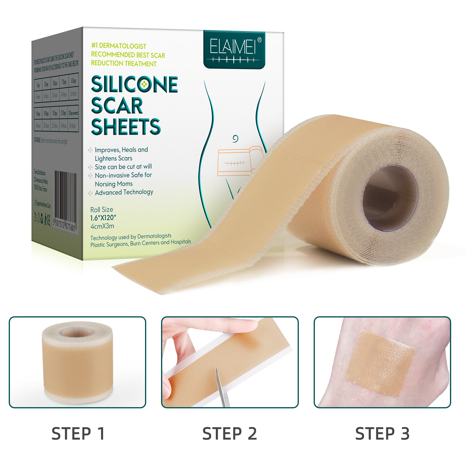ELAIMEI Silicone Scar Removal Sheets, Roll Tape 3m