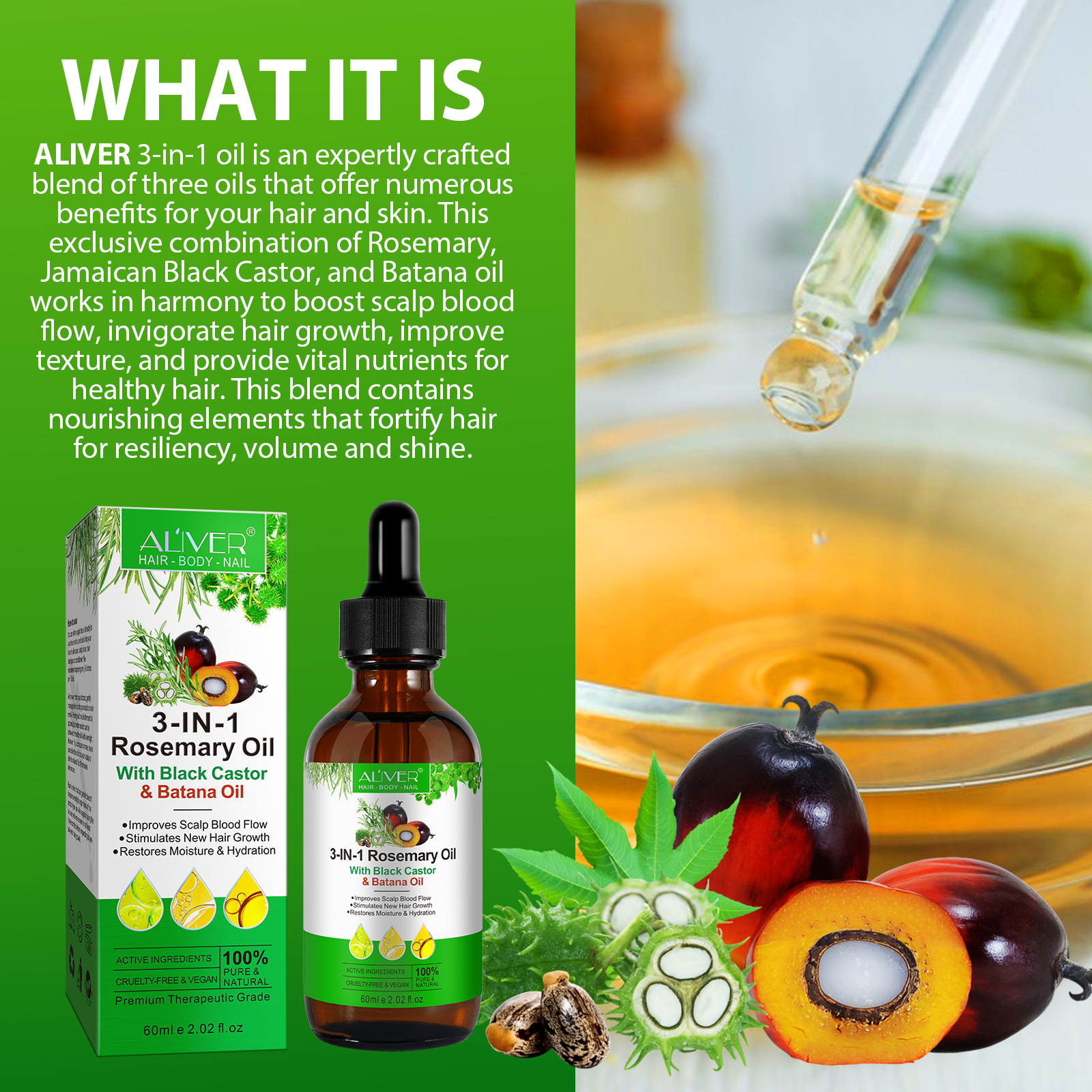 ALIVER Pure Rosemary Oil with Black Castor & Batana Oil for Hair Growth, 60ml