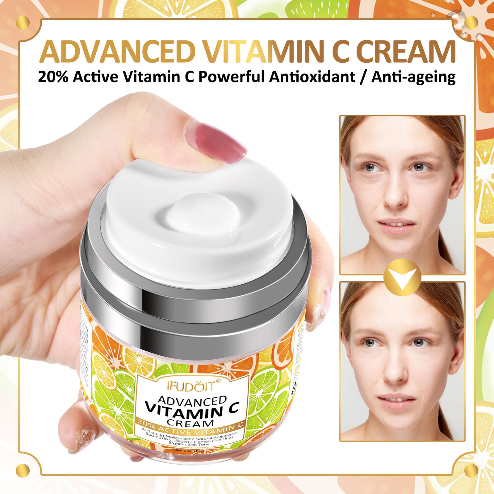 Ifudoit Facial Vitamin C Cream Face Anti-Aging Moisturizer Retinol Wrinkle Skin Care Hydrating Repair Reduce Fine Line Hyaluronic Acid