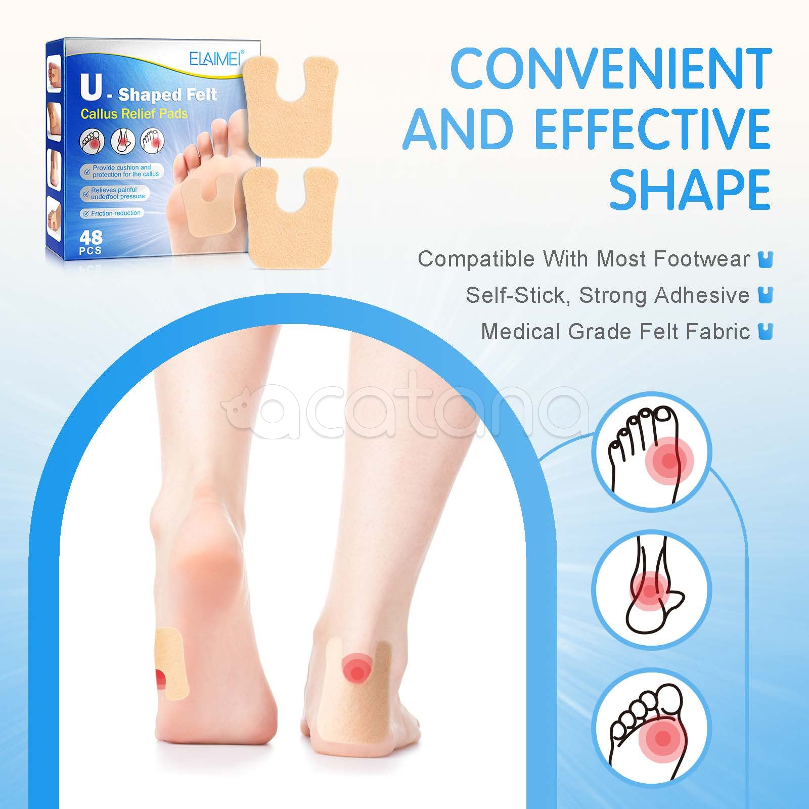 ELAIMEI U-Shaped Felt Callus Pads for Feet Pain Relief & Foot Protection, pack of 48pcs