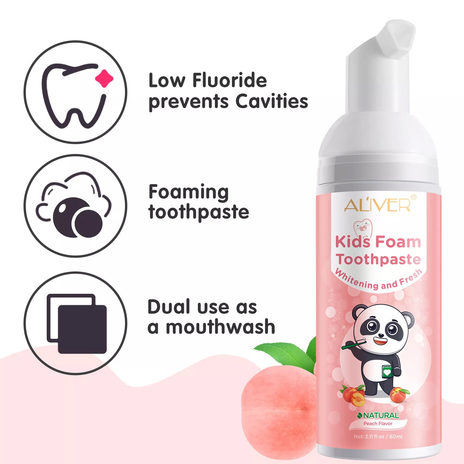 ALIVER Peach Flavor Foam Toothpaste for Kids, 60ml
