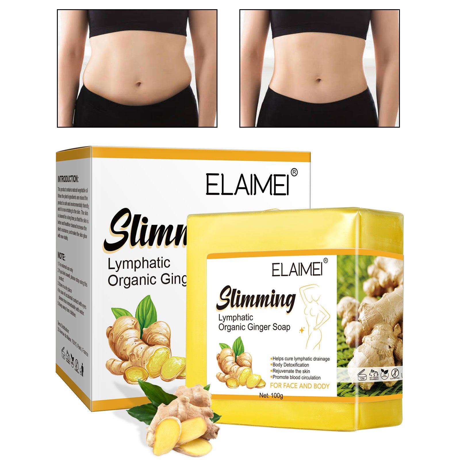 ELAIMEI Natural Ginger Lymphatic Slimming Soap for Face & Body, 100g
