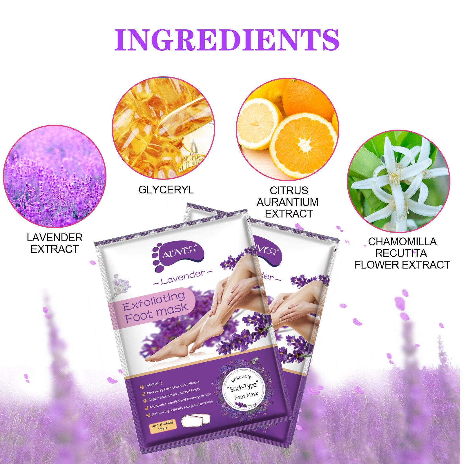 Aliver Exfoliating Foot Peel Mask Baby Soft Feet Smooth Socks Callus Hard Dead Skin Remove Spa Lavender (1 pair)