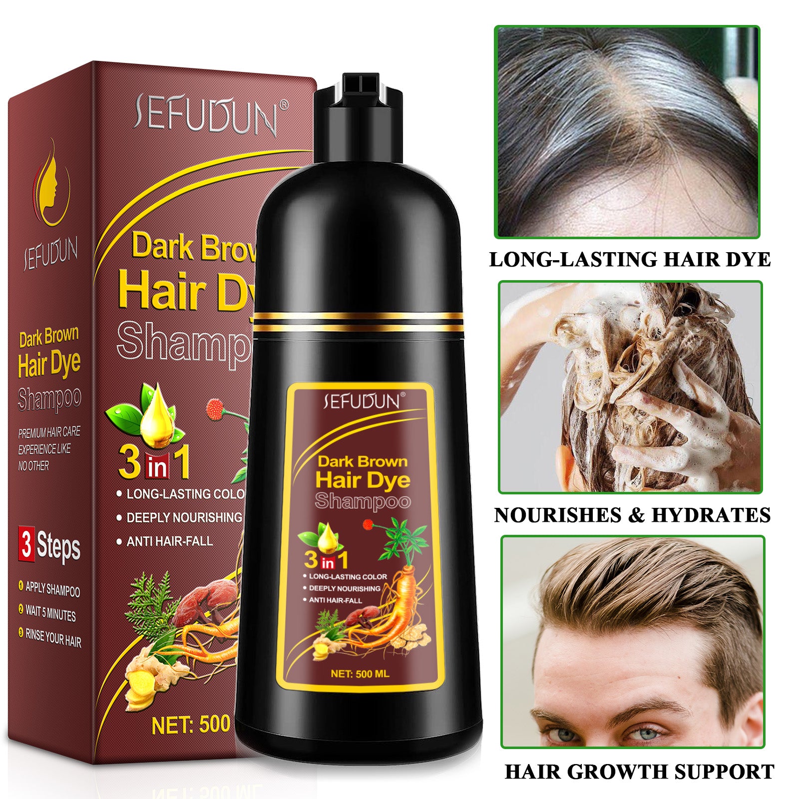 SEFUDUN 3in1 DARK BROWN Hair Dye Shampoo, 500ml