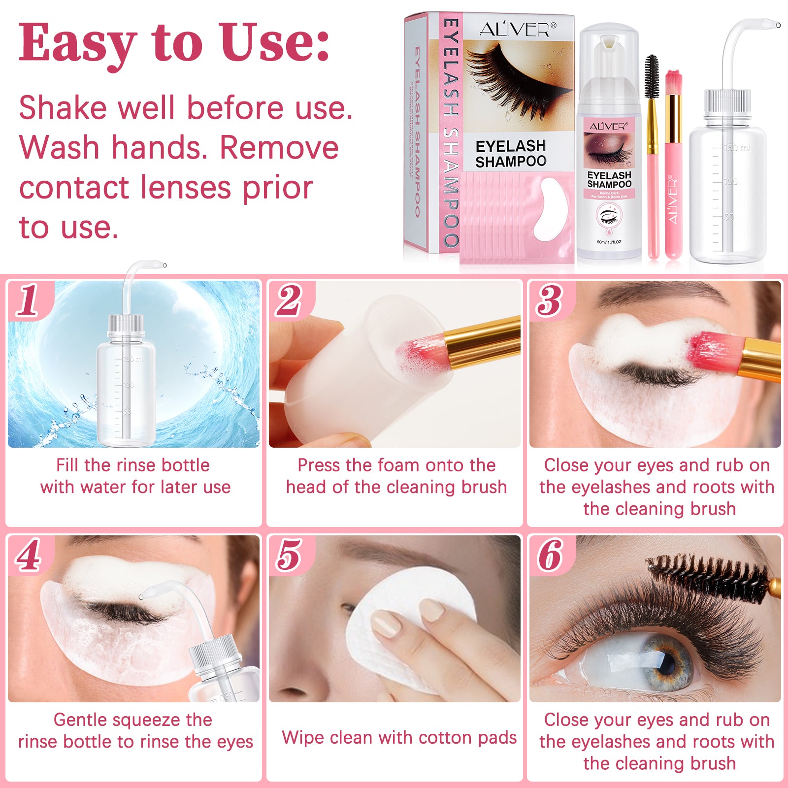 ALIVER Eyelash Shampoo for Lash Extension, Kit