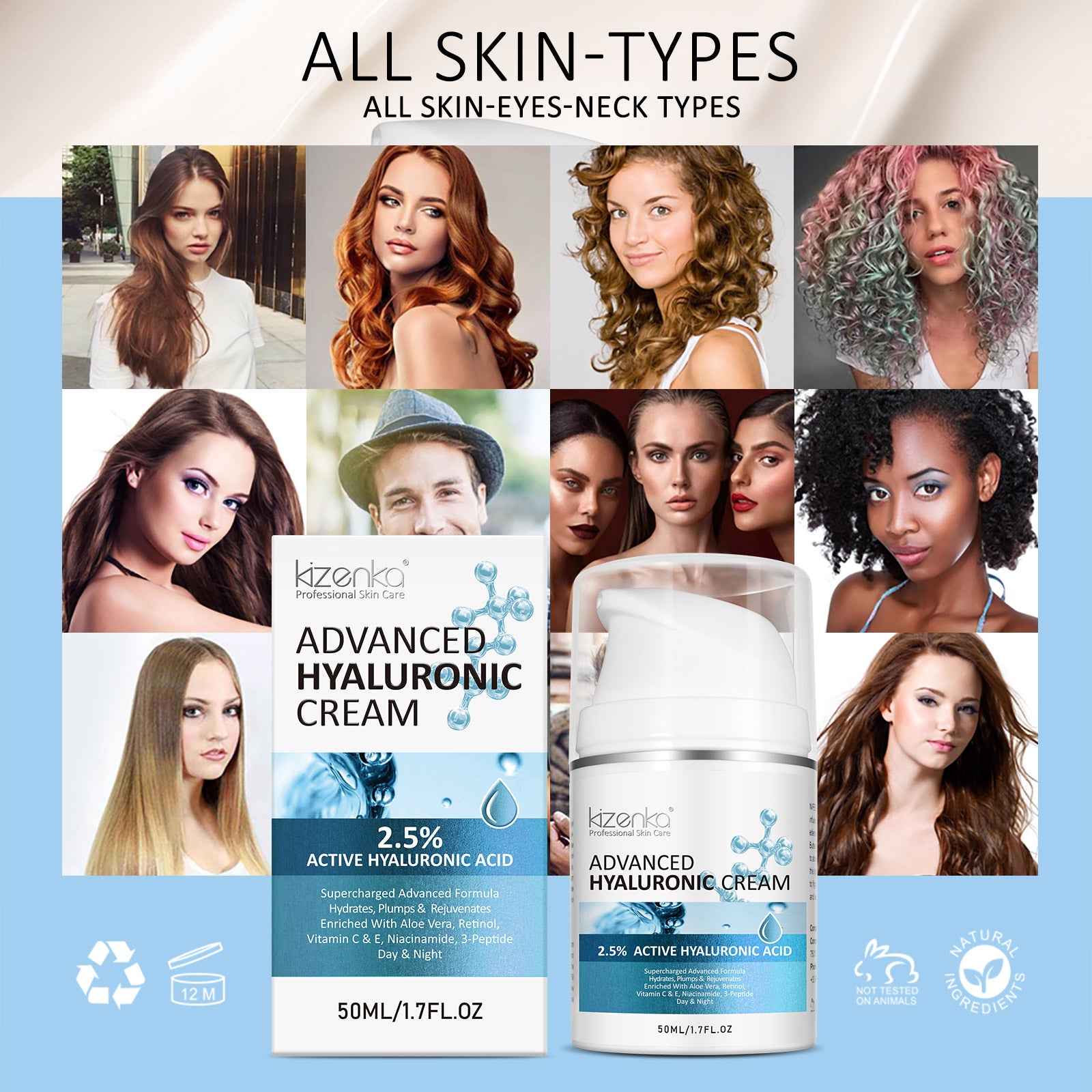 Kizenka Hyaluronic Acid Face Cream Moisturizing Anti Aging Wrinkle Remover Repair Skin Care Retinol Fine Line Repair Niacinamide Day Night