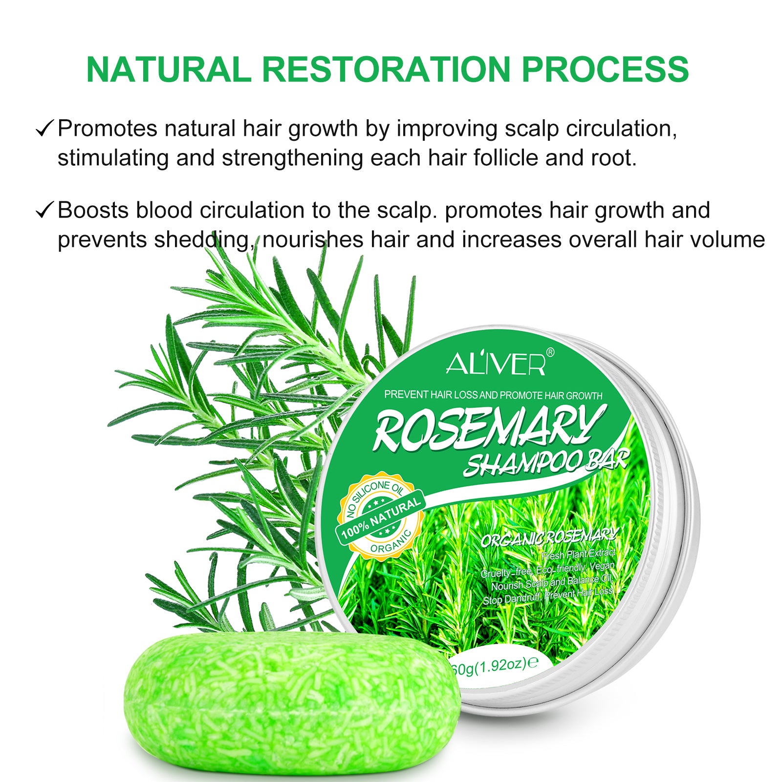 ALIVER Organic Rosemary Hair Growth Shampoo Bar, 60g