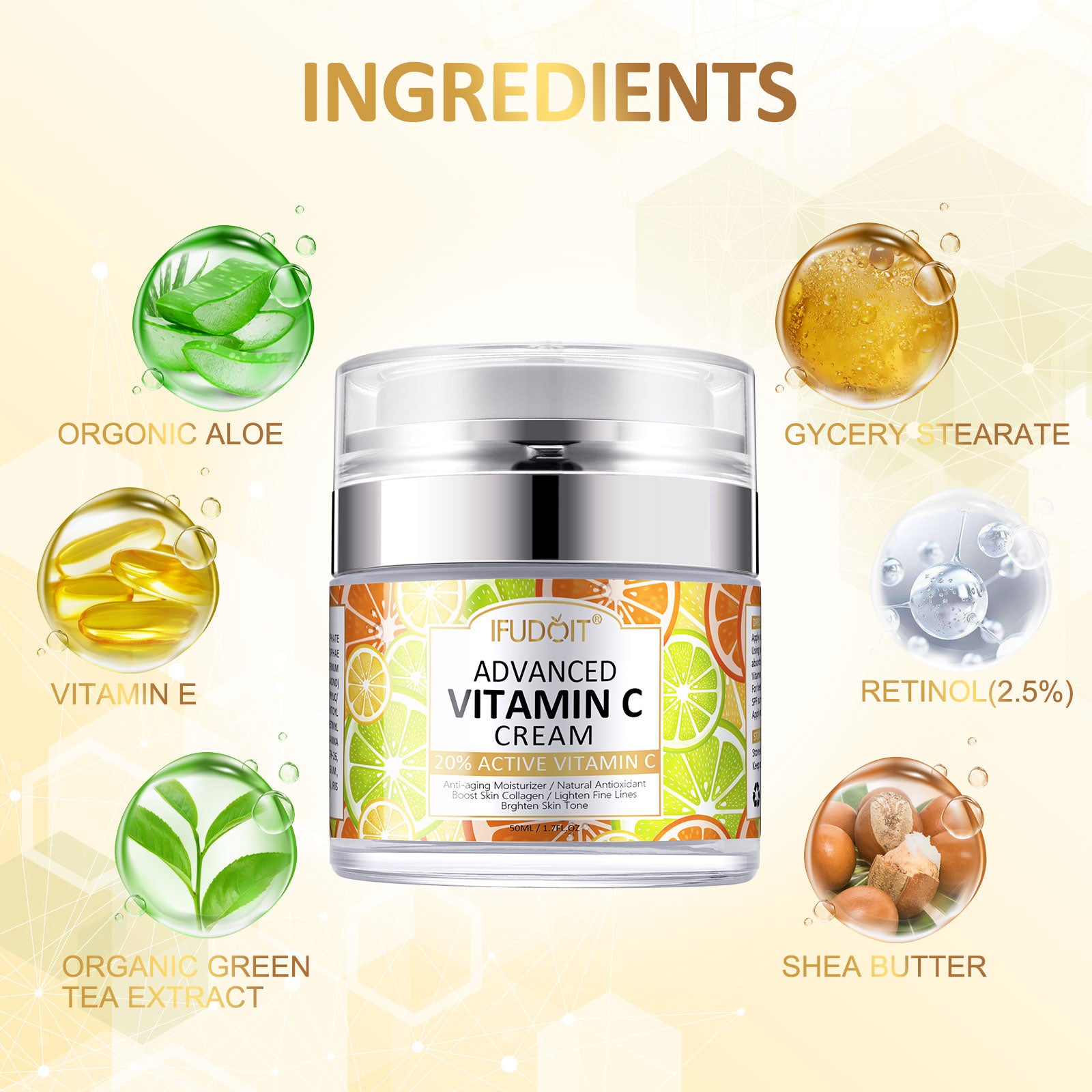 Ifudoit Facial Vitamin C Cream Face Anti-Aging Moisturizer Retinol Wrinkle Skin Care Hydrating Repair Reduce Fine Line Hyaluronic Acid