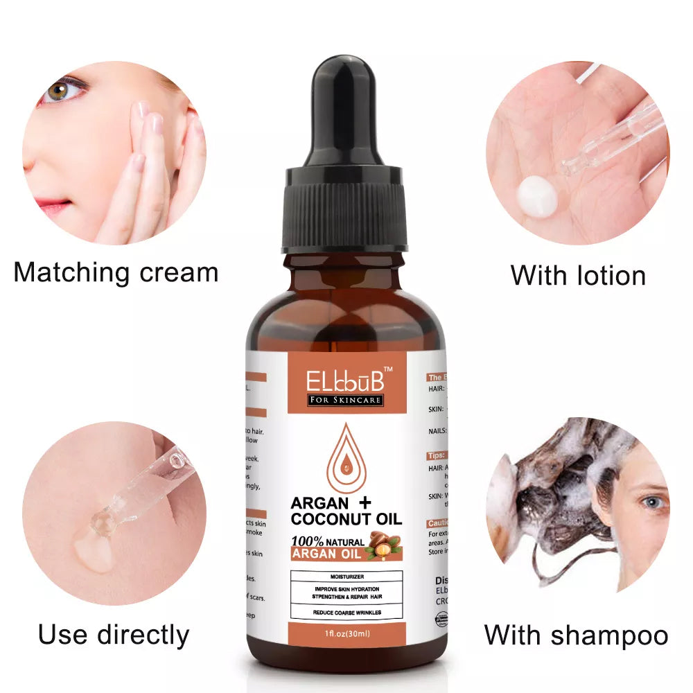 Elbbub Natural Argan Coconut Oil For Face Hair Skin Nails Reduces Wrinkles Improves Skin Moisturizer Great for Dry Scalp Split Ends Dry & Damaged Hair