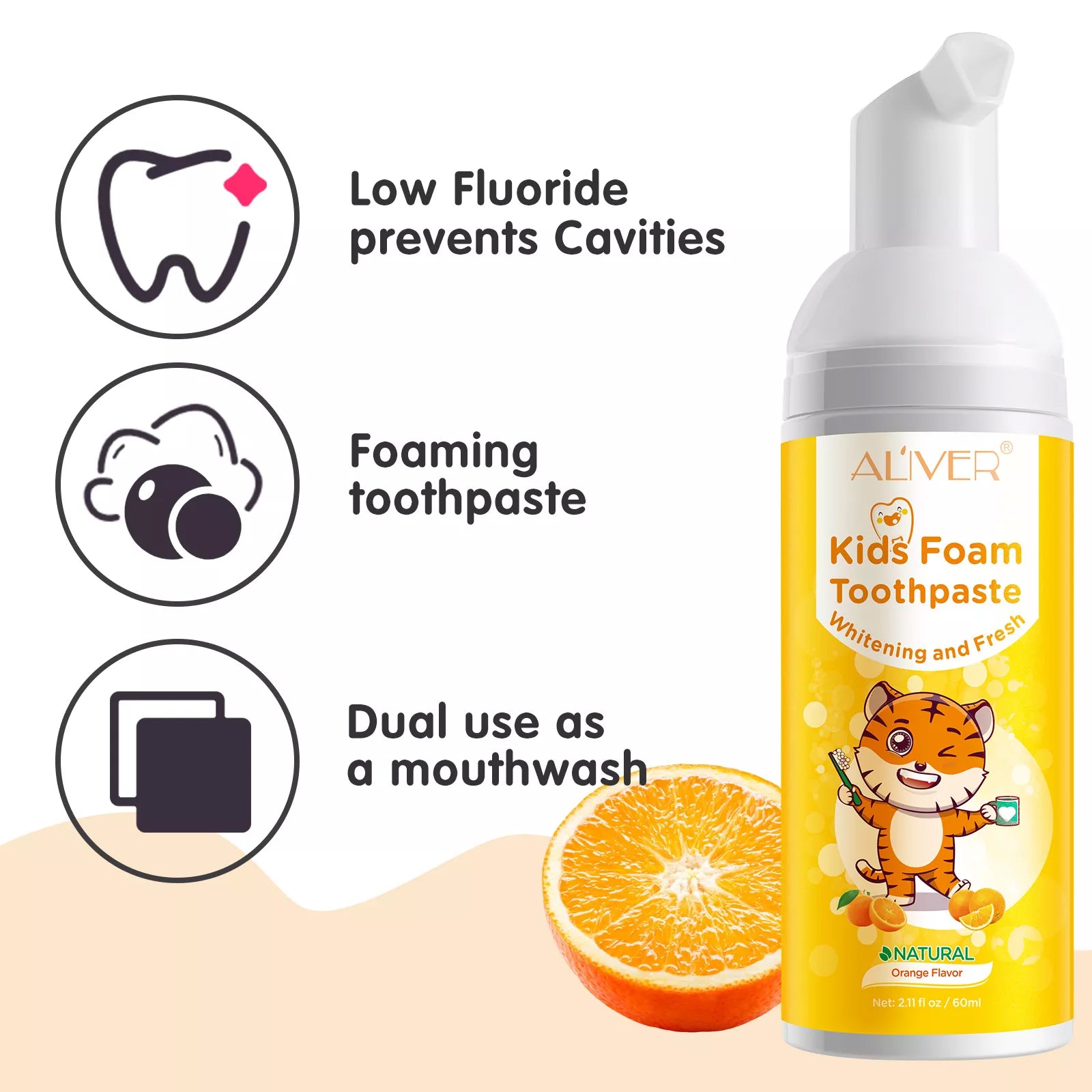 ALIVER Orange Flavor Foam Toothpaste for Kids, 60ml