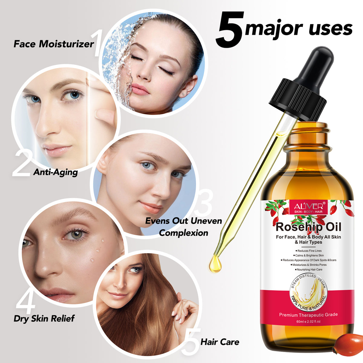 ALIVER Pure Rosehip Oil for Hair, Face & Body, 60ml