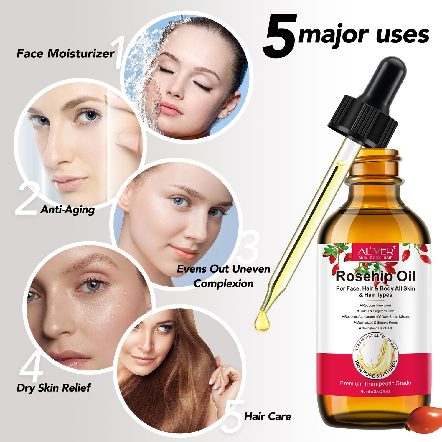 ALIVER Pure Rosehip Oil for Hair, Face & Body, 60ml
