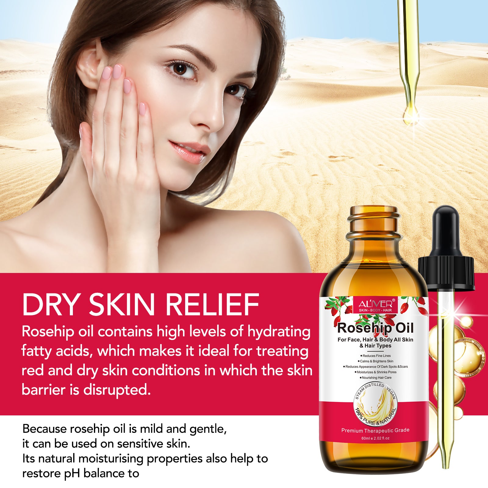 ALIVER Pure Rosehip Oil for Hair, Face & Body, 60ml