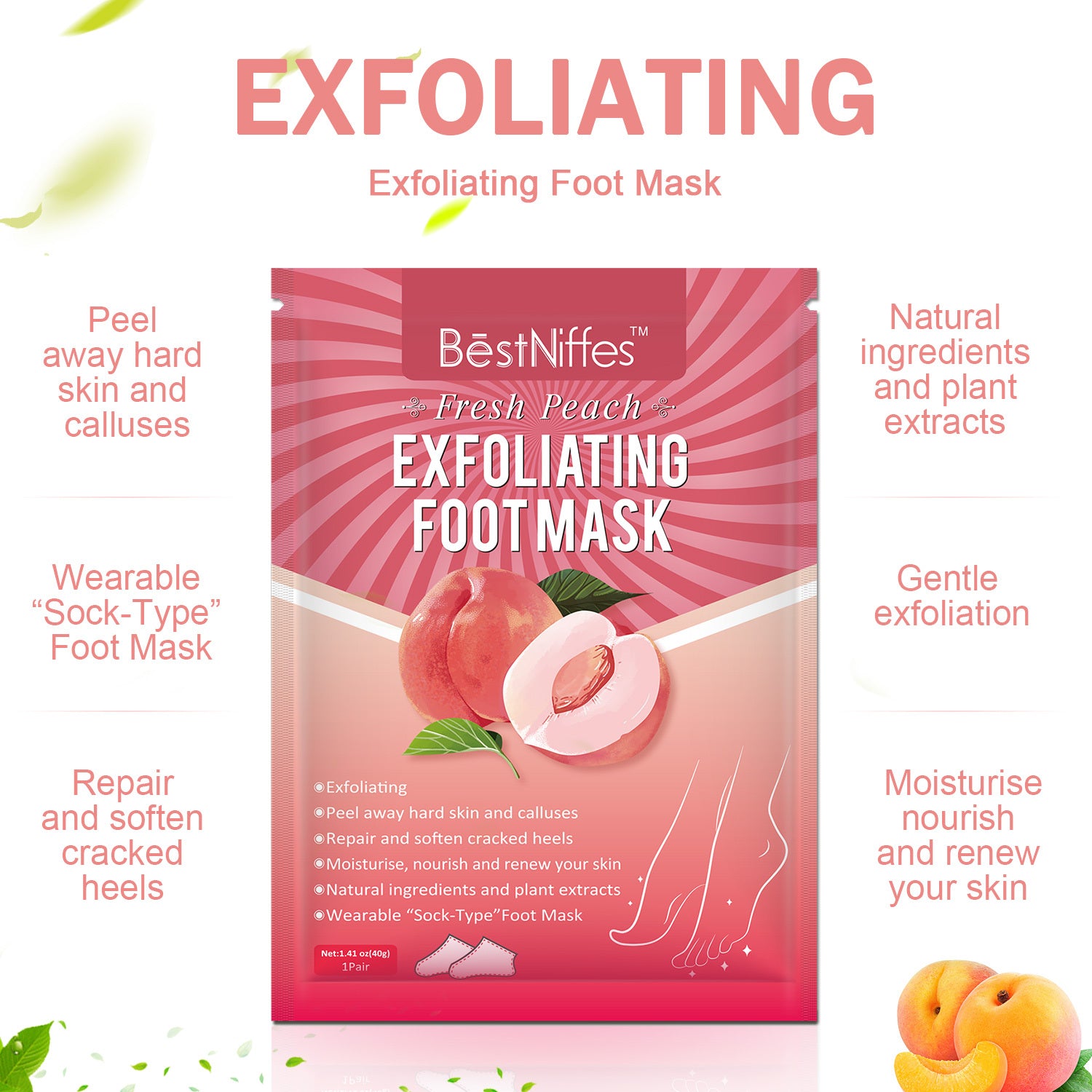 BestNiffes Exfoliating Foot Peel Mask, Fresh Peach