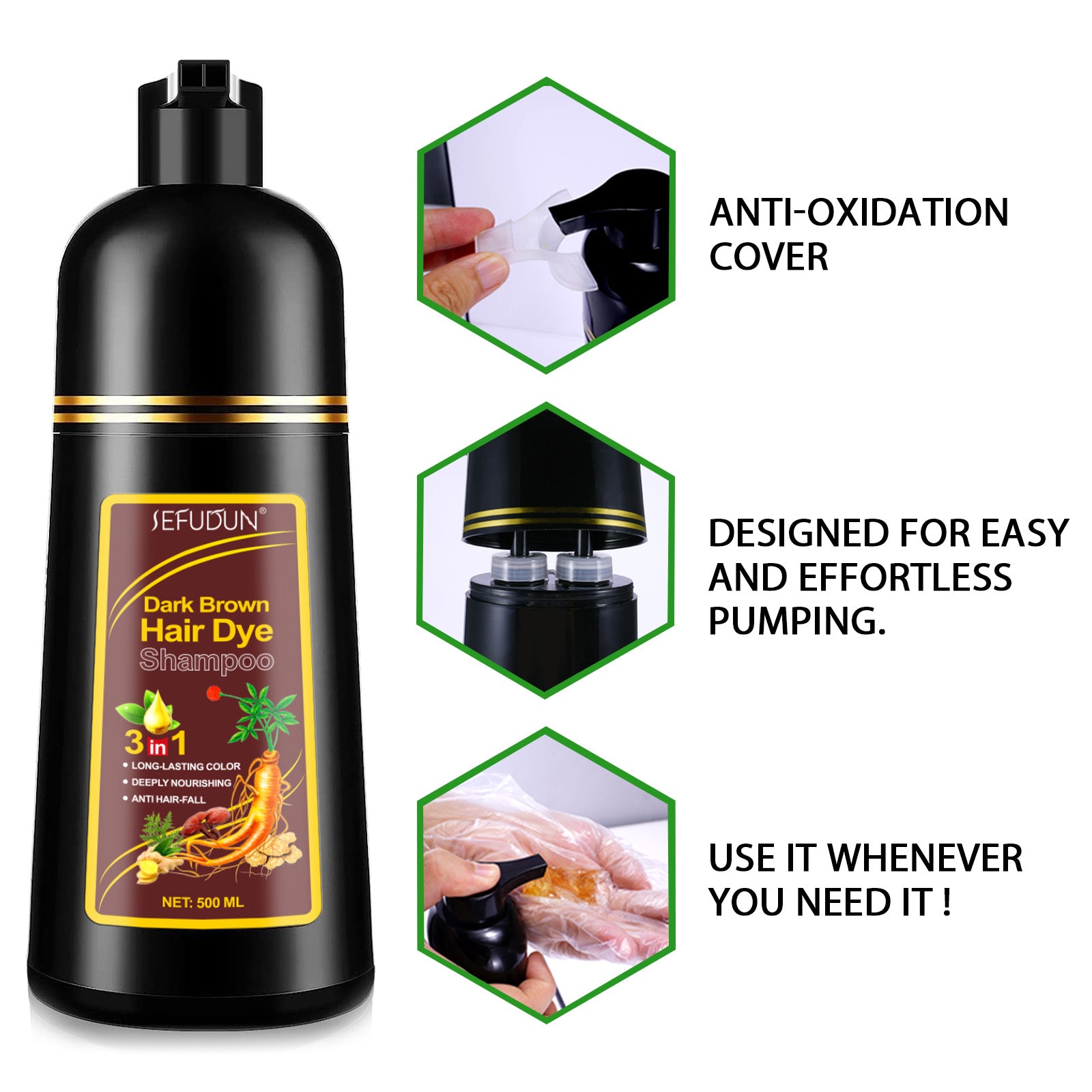 SEFUDUN 3in1 DARK BROWN Hair Dye Shampoo, 500ml
