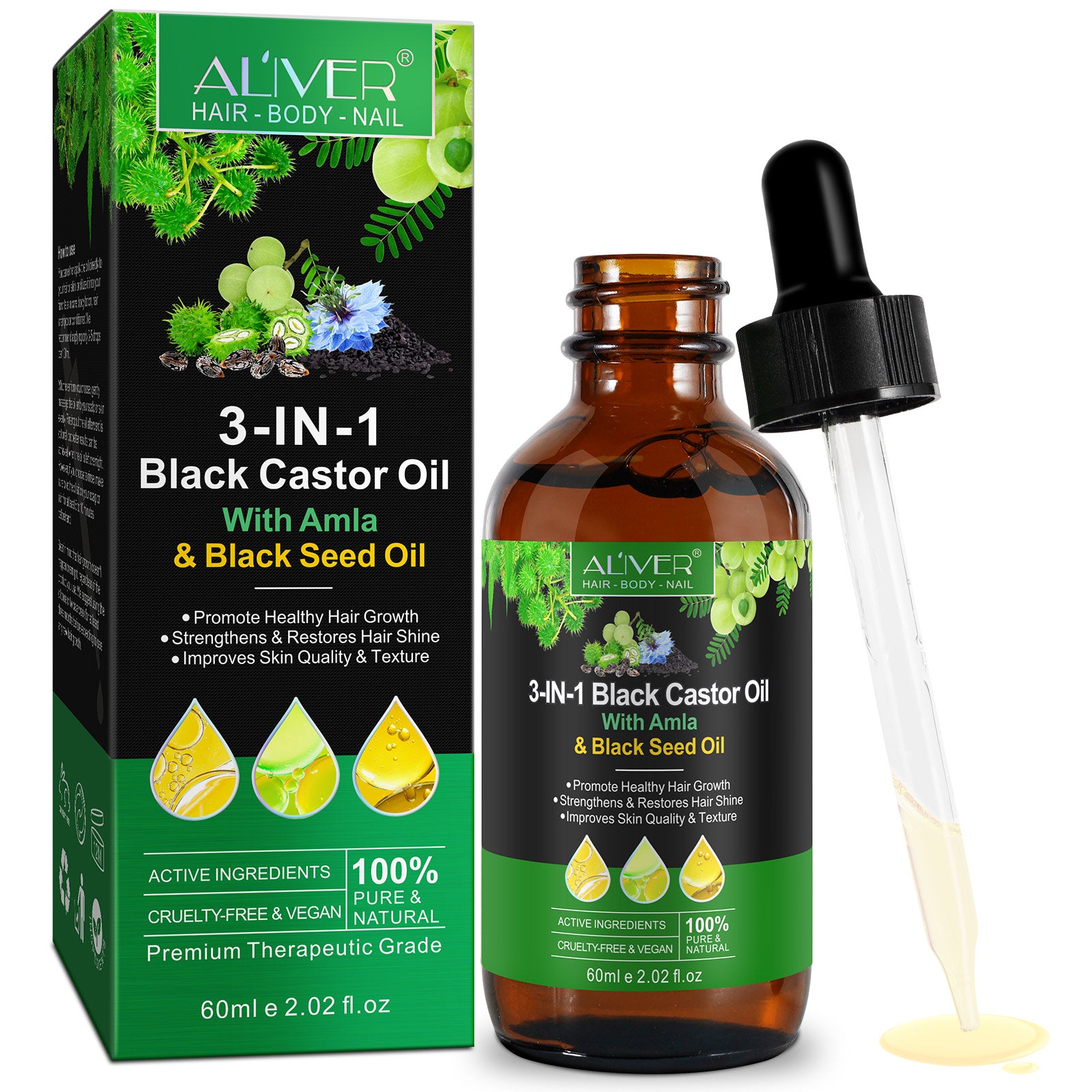 ALIVER Natural 3-in-1 Black Castor Oil with Amla & Black Seed Oil, 60ml