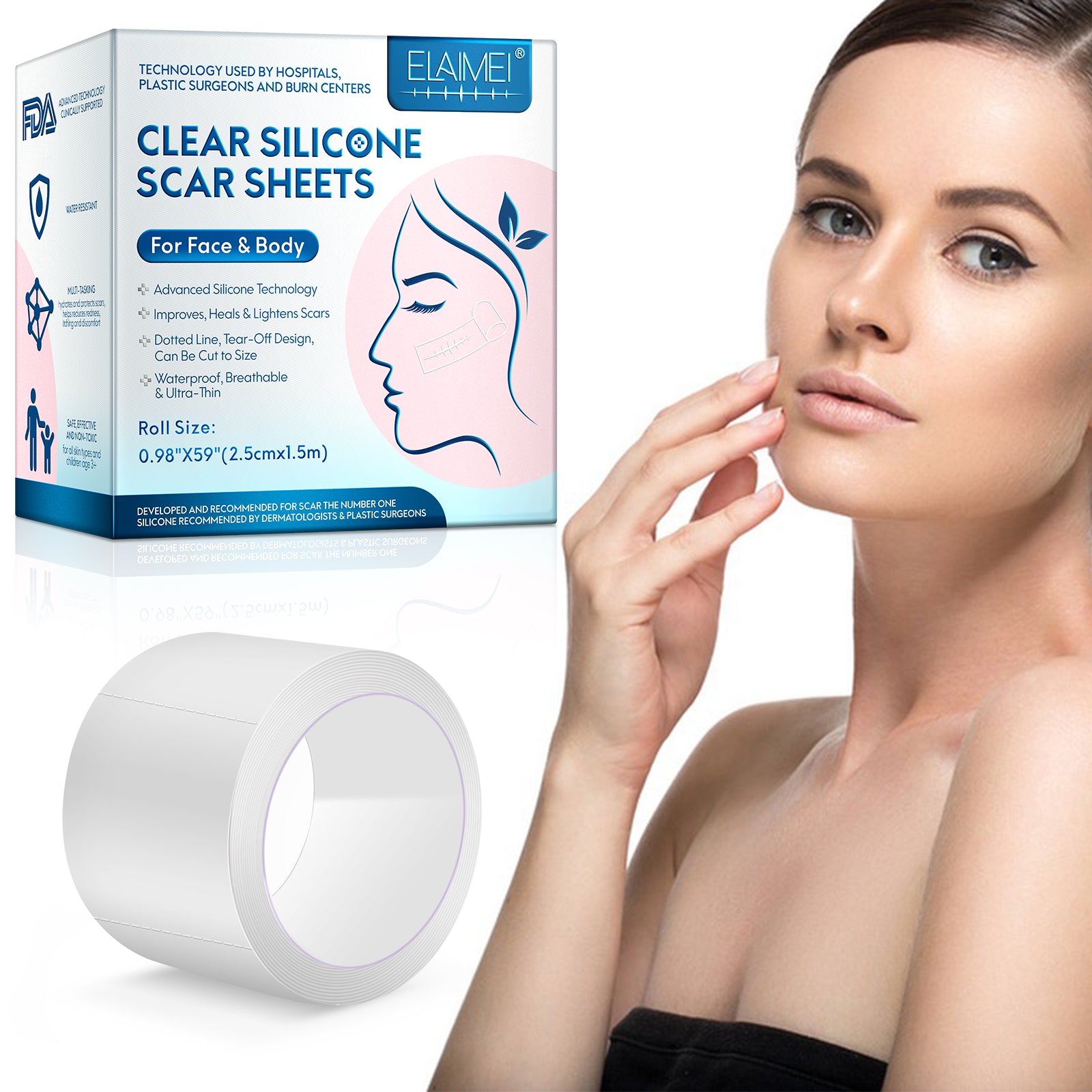 ELAIMEI Clear Silicone Scar Roll Tape, 1.5m