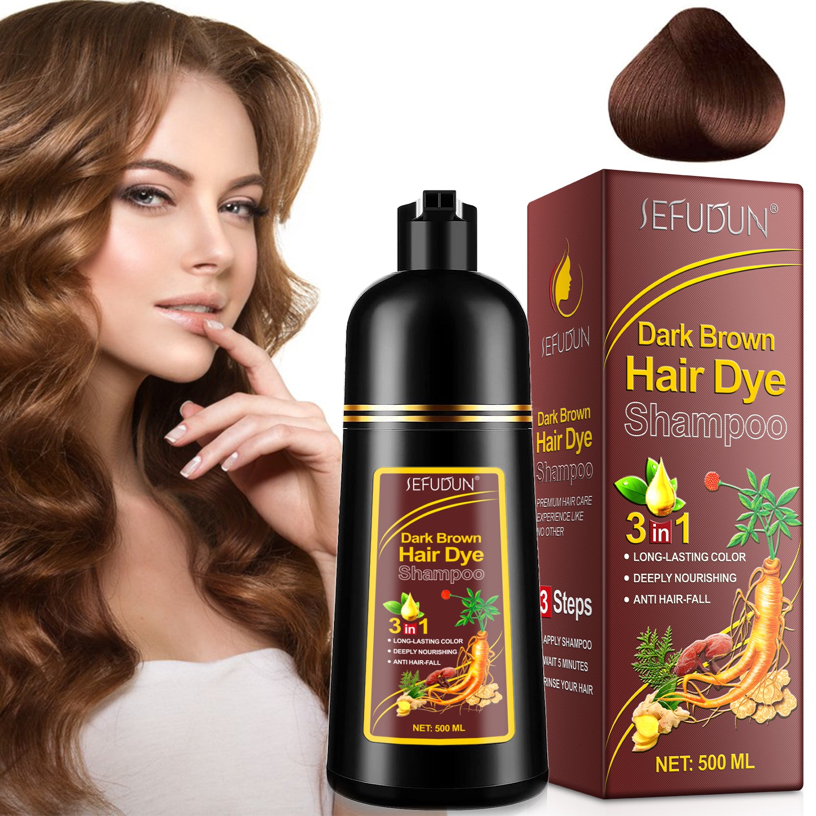 SEFUDUN 3in1 DARK BROWN Hair Dye Shampoo, 500ml