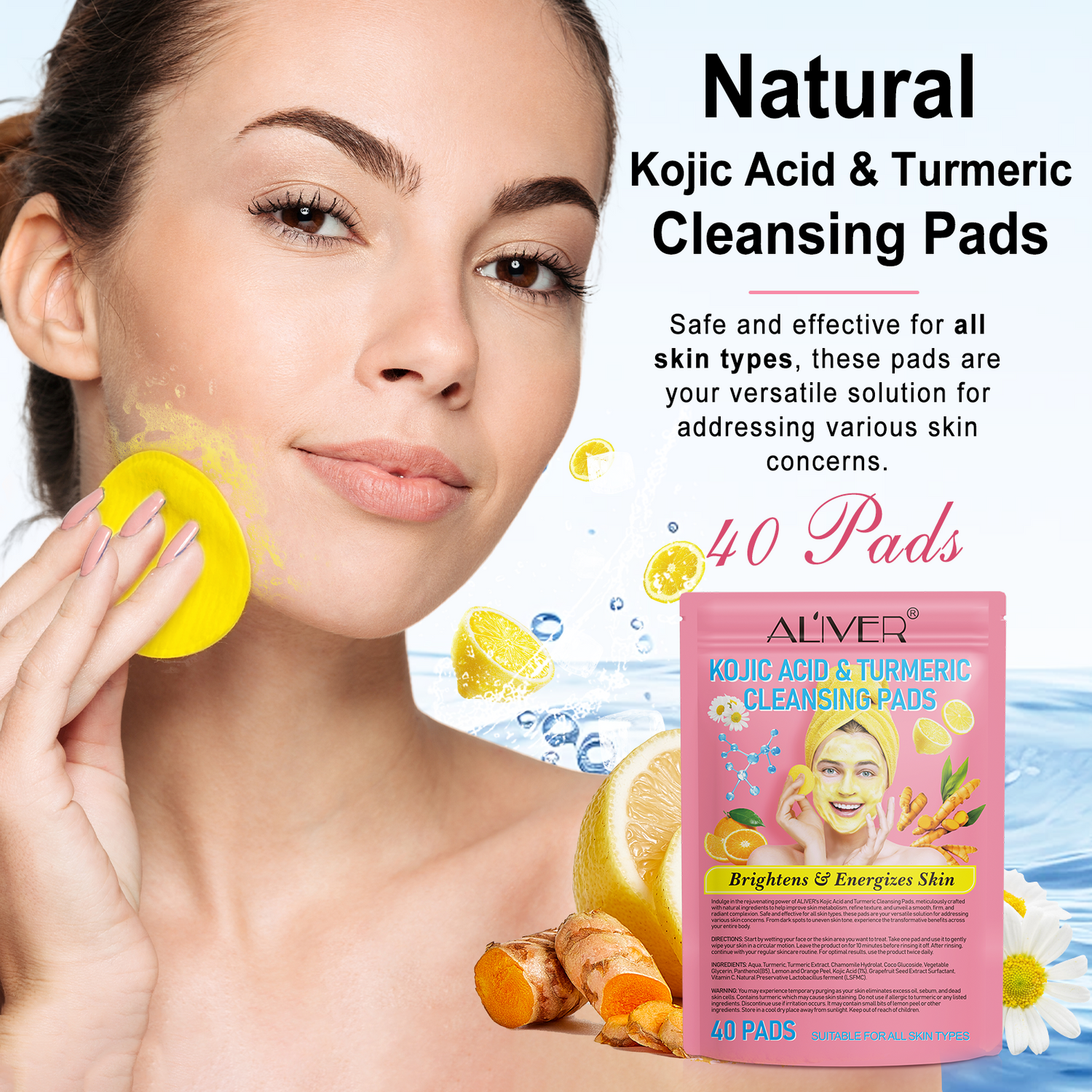 ALIVER Kojic Acid & Turmeric Cleansing Pads for Dark Spots, 40pcs