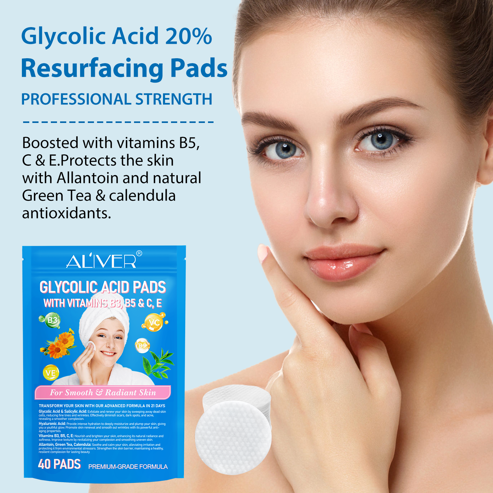 ALIVER Glycolic Acid Exfoliating Pads, 40pcs