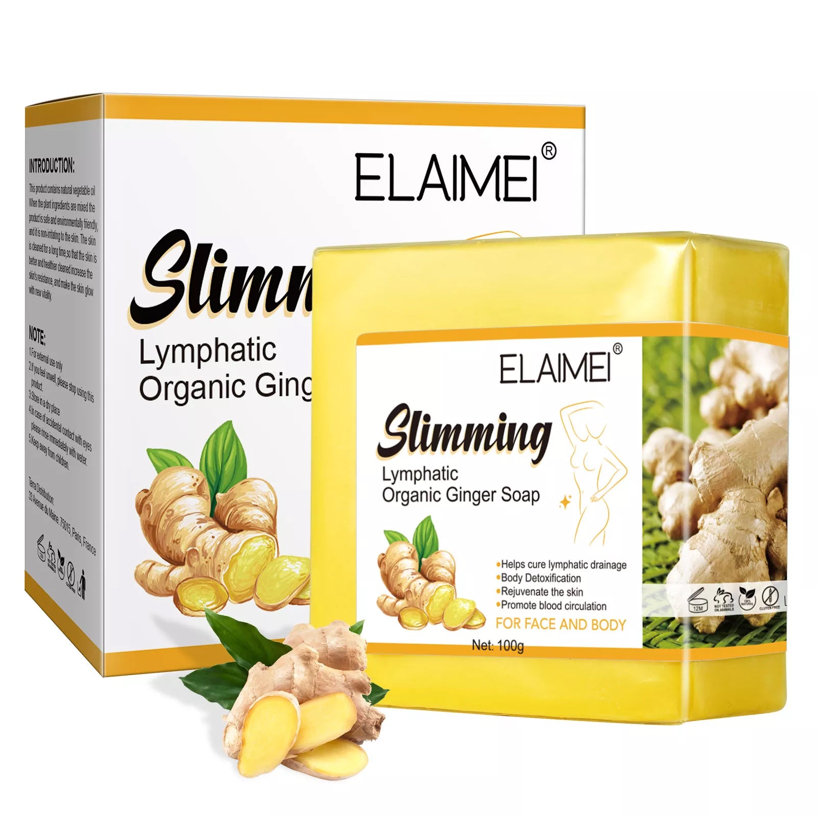 ELAIMEI Natural Ginger Lymphatic Slimming Soap for Face & Body, 100g