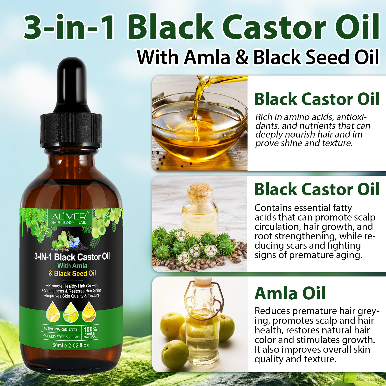ALIVER Natural 3-in-1 Black Castor Oil with Amla & Black Seed Oil, 60ml