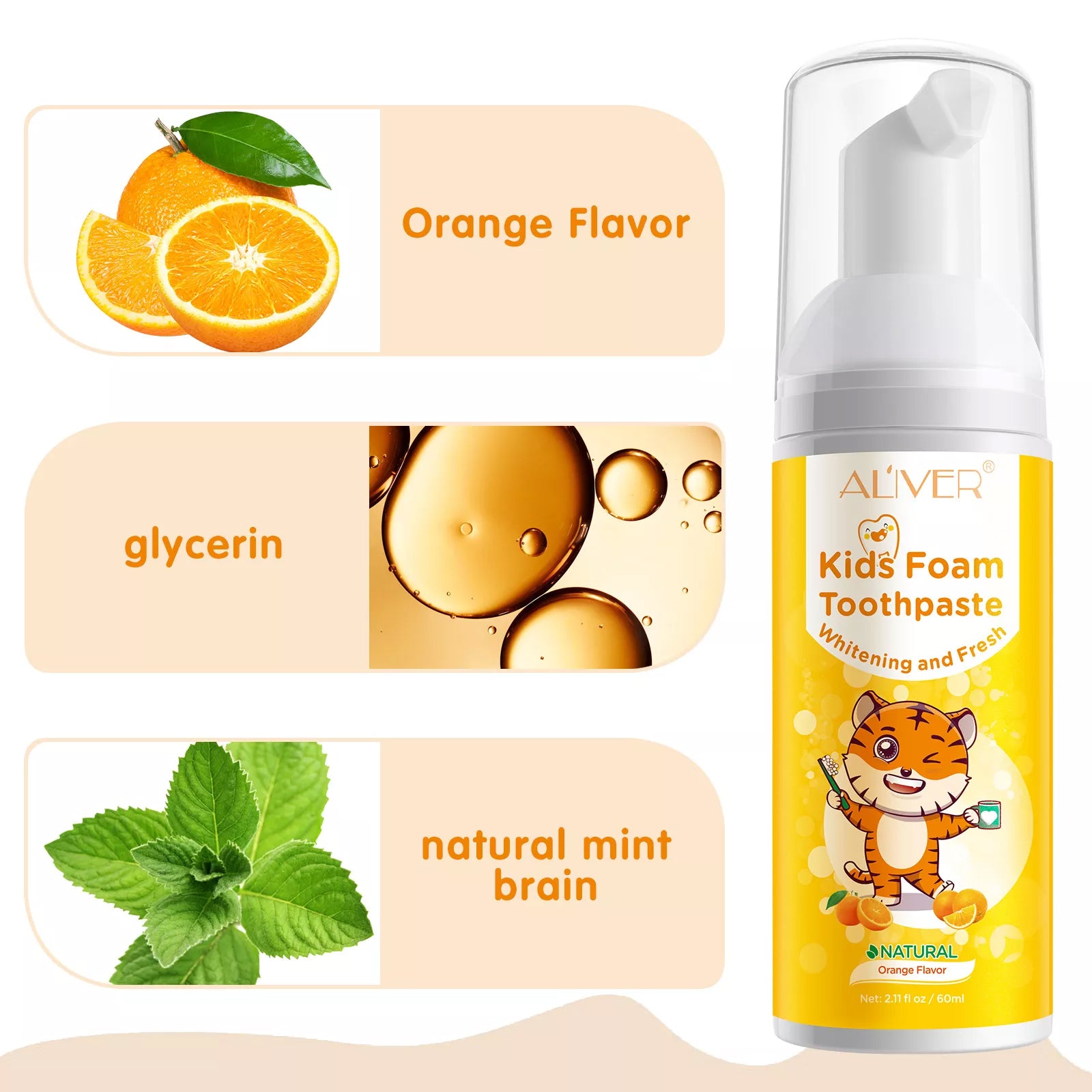 ALIVER Orange Flavor Foam Toothpaste for Kids, 60ml