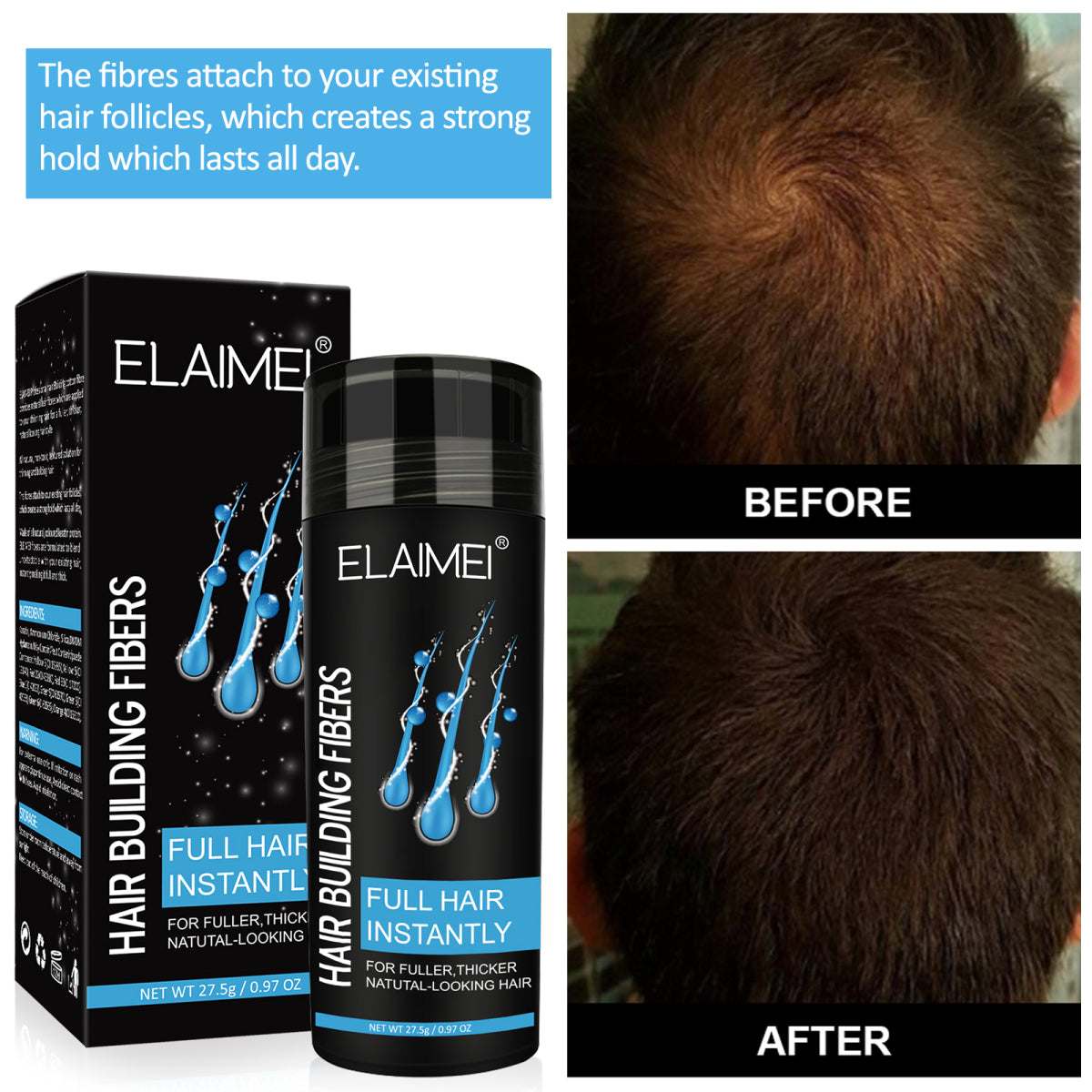 ELAIMEI Hair Loss Building Fibers, 27.5 g (Black)