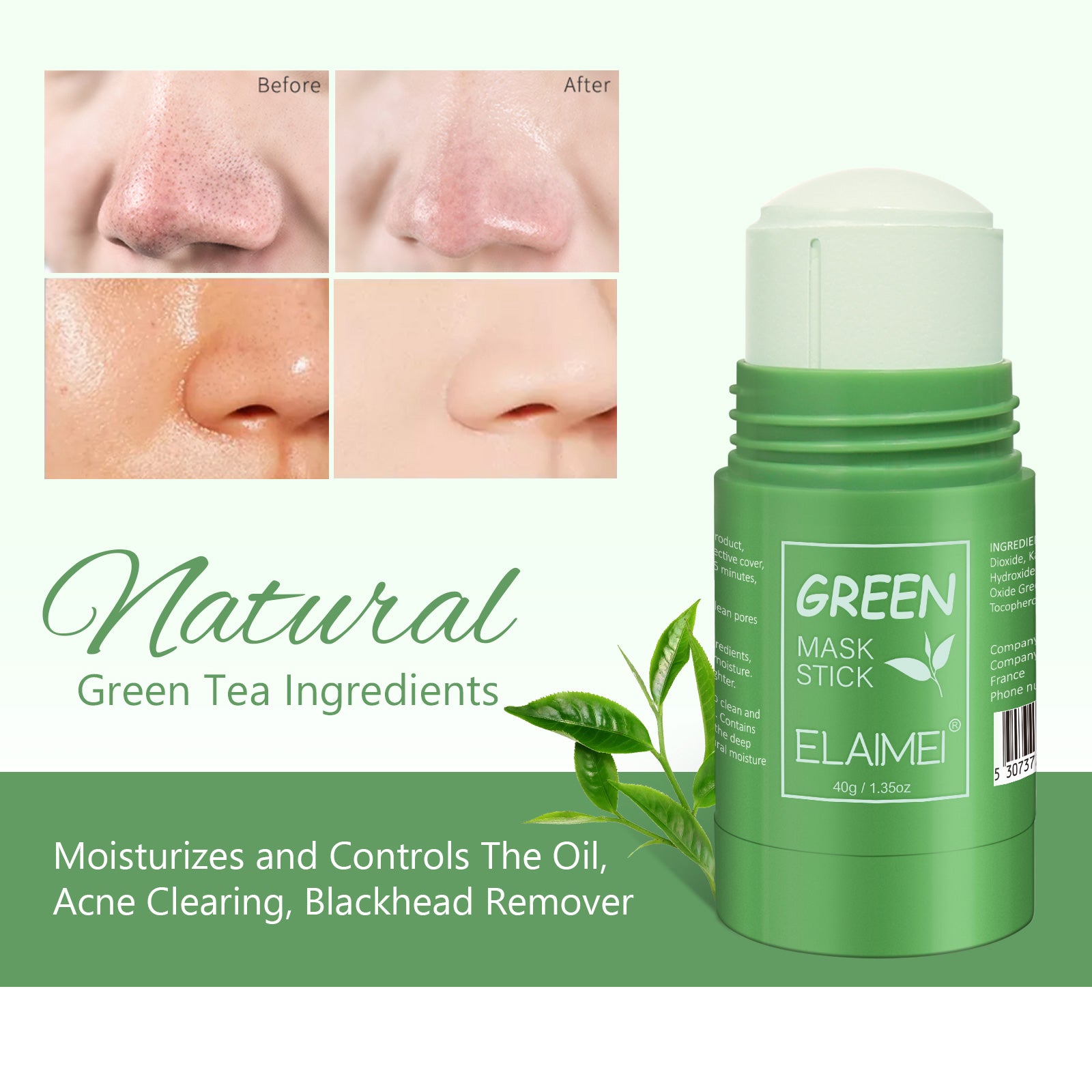 ELAIMEI Purifying Clay Stick Cleanser Mask for Face, Green Tea
