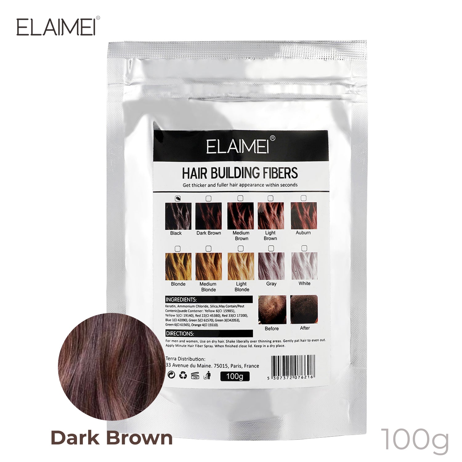 ELAIMEI Hair Loss Building Fibers, 100g (Dark Brown)
