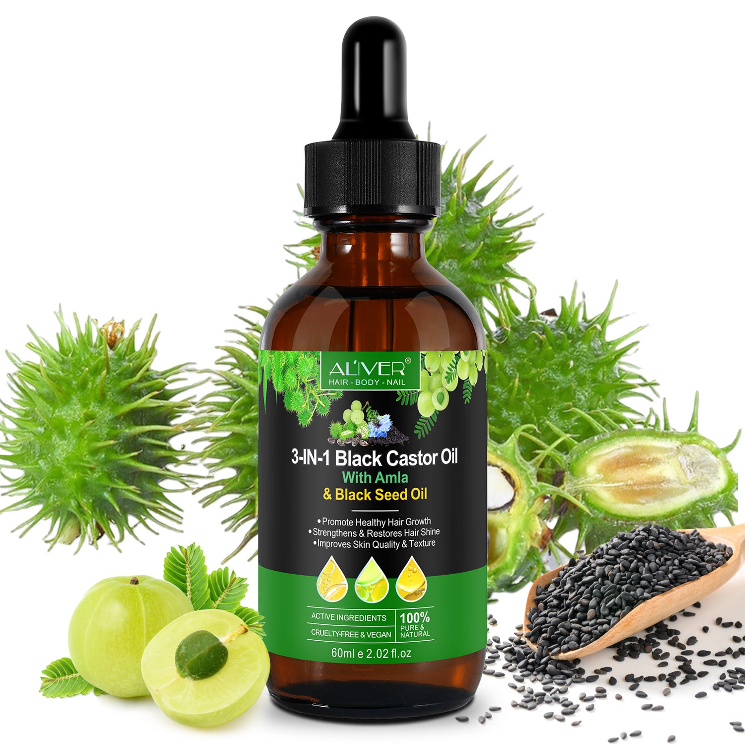 ALIVER Natural 3-in-1 Black Castor Oil with Amla & Black Seed Oil, 60ml