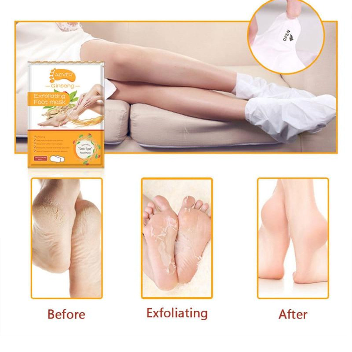 ALIVER Ginseng Soft Foot Peel Mask for Dry Cracked Feet