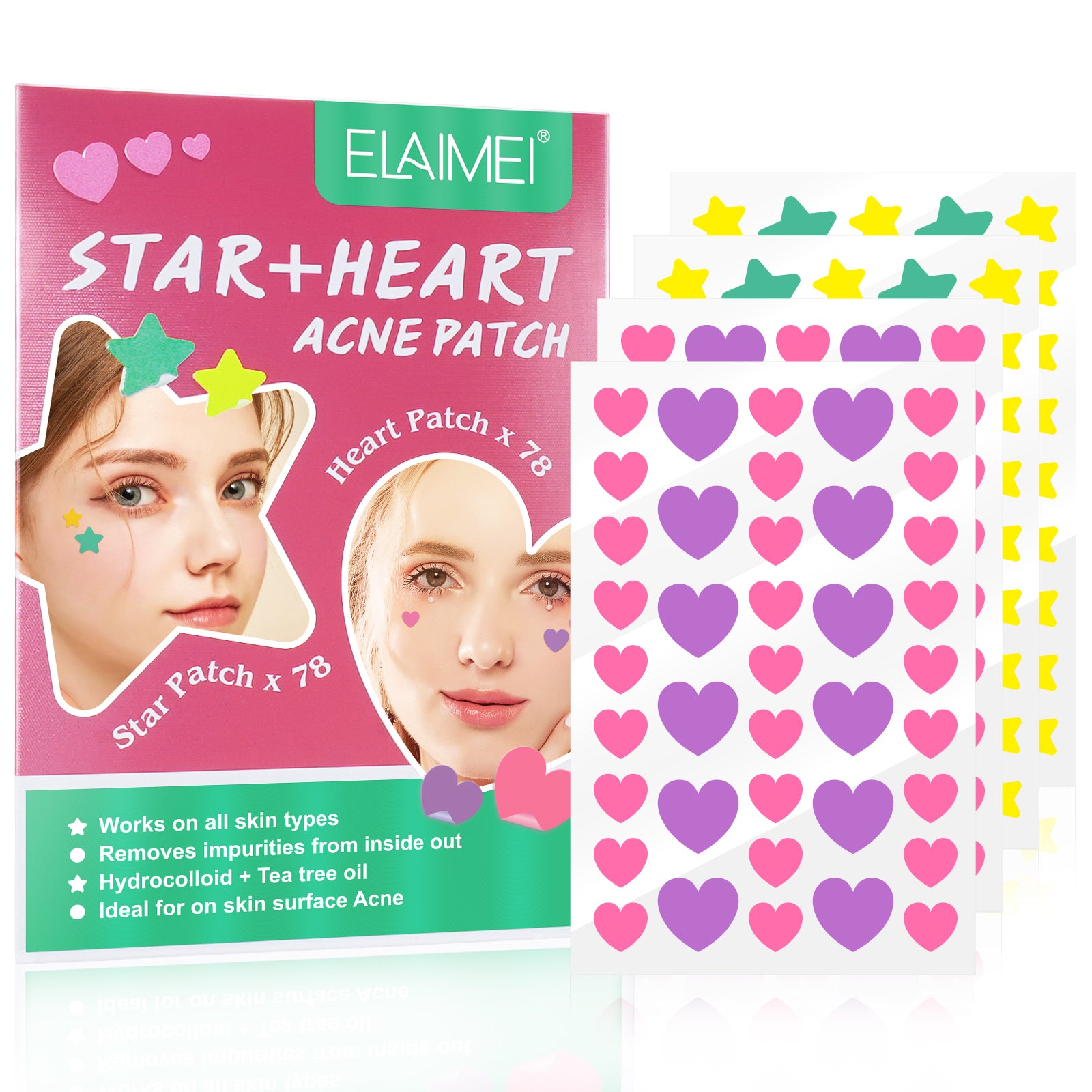 ELAIMEI Stars + Heart Pimple Patches, pack of 156pcs