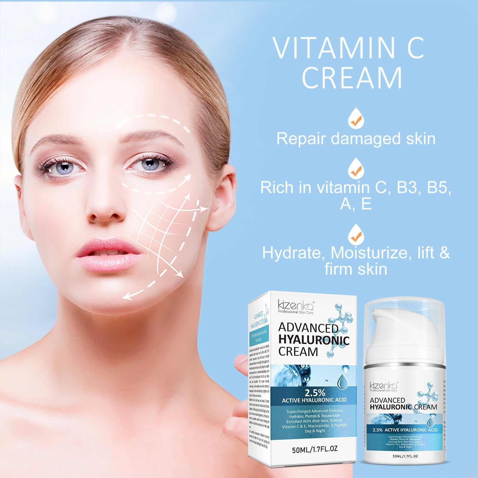 Kizenka Hyaluronic Acid Face Cream Moisturizing Anti Aging Wrinkle Remover Repair Skin Care Retinol Fine Line Repair Niacinamide Day Night