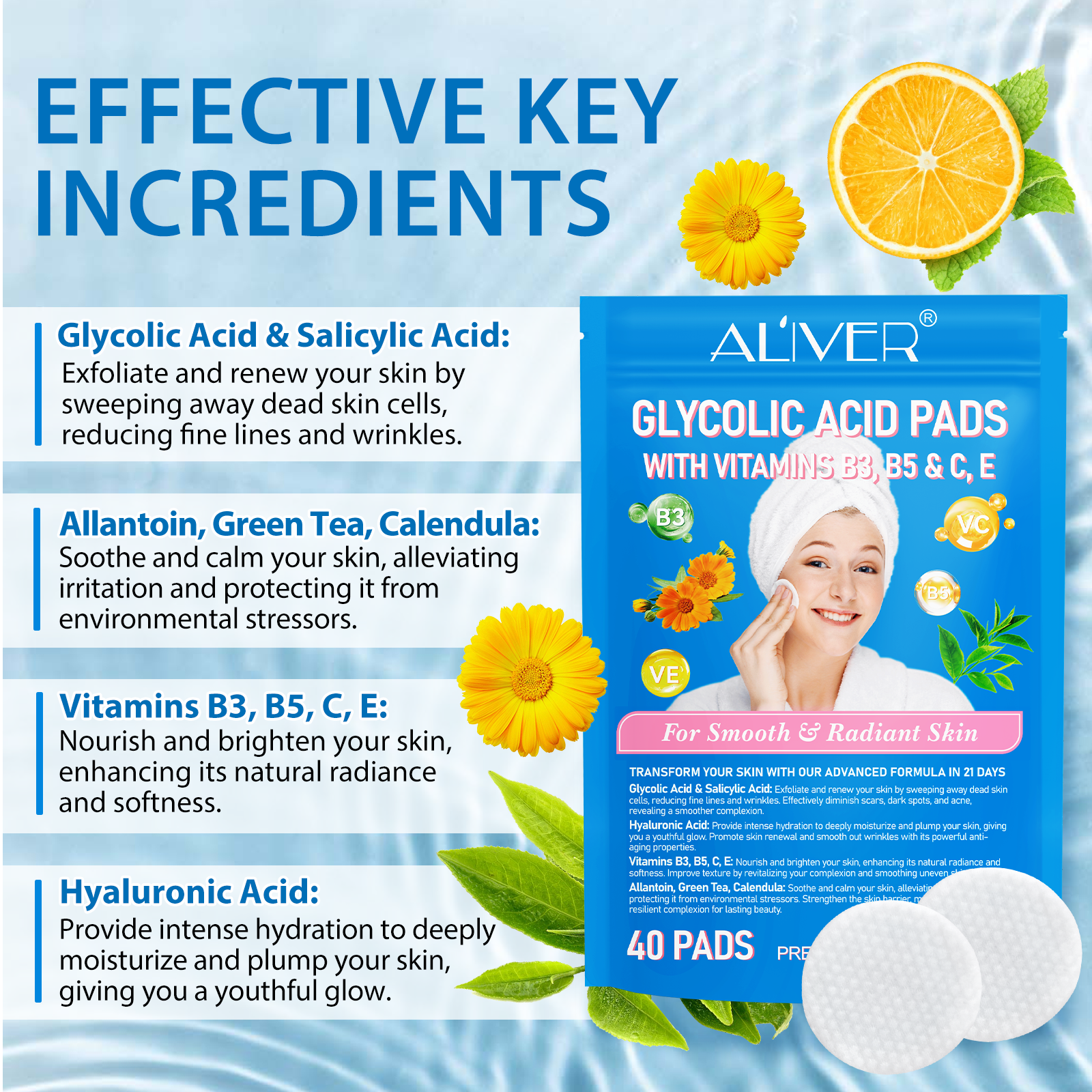 ALIVER Glycolic Acid Exfoliating Pads, 40pcs