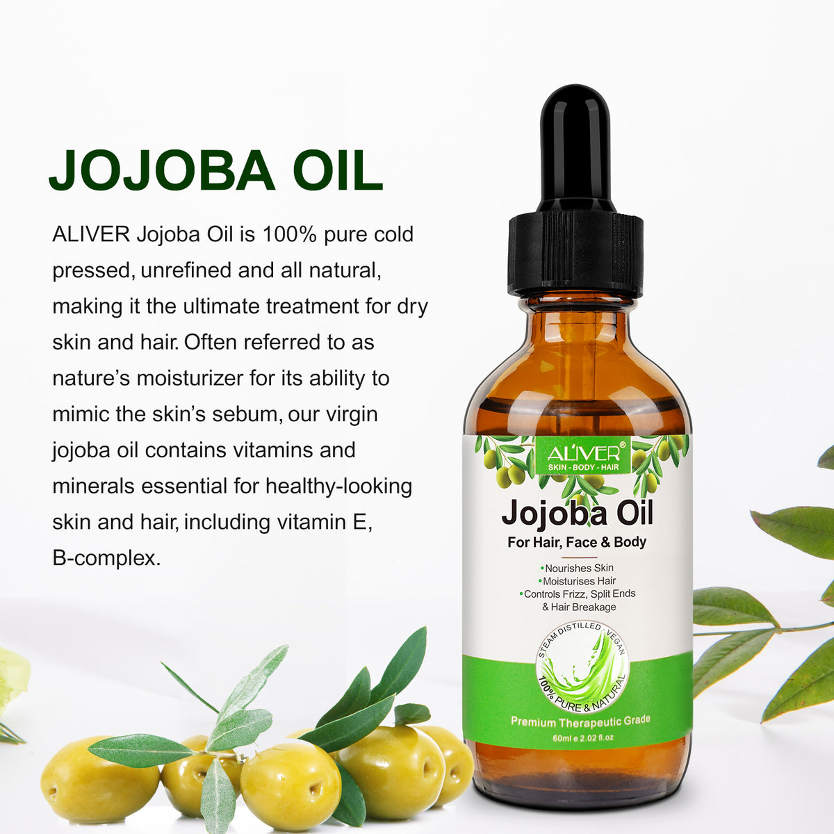 ALIVER Pure Jojoba Oil for Hair, Face & Body, 60ml