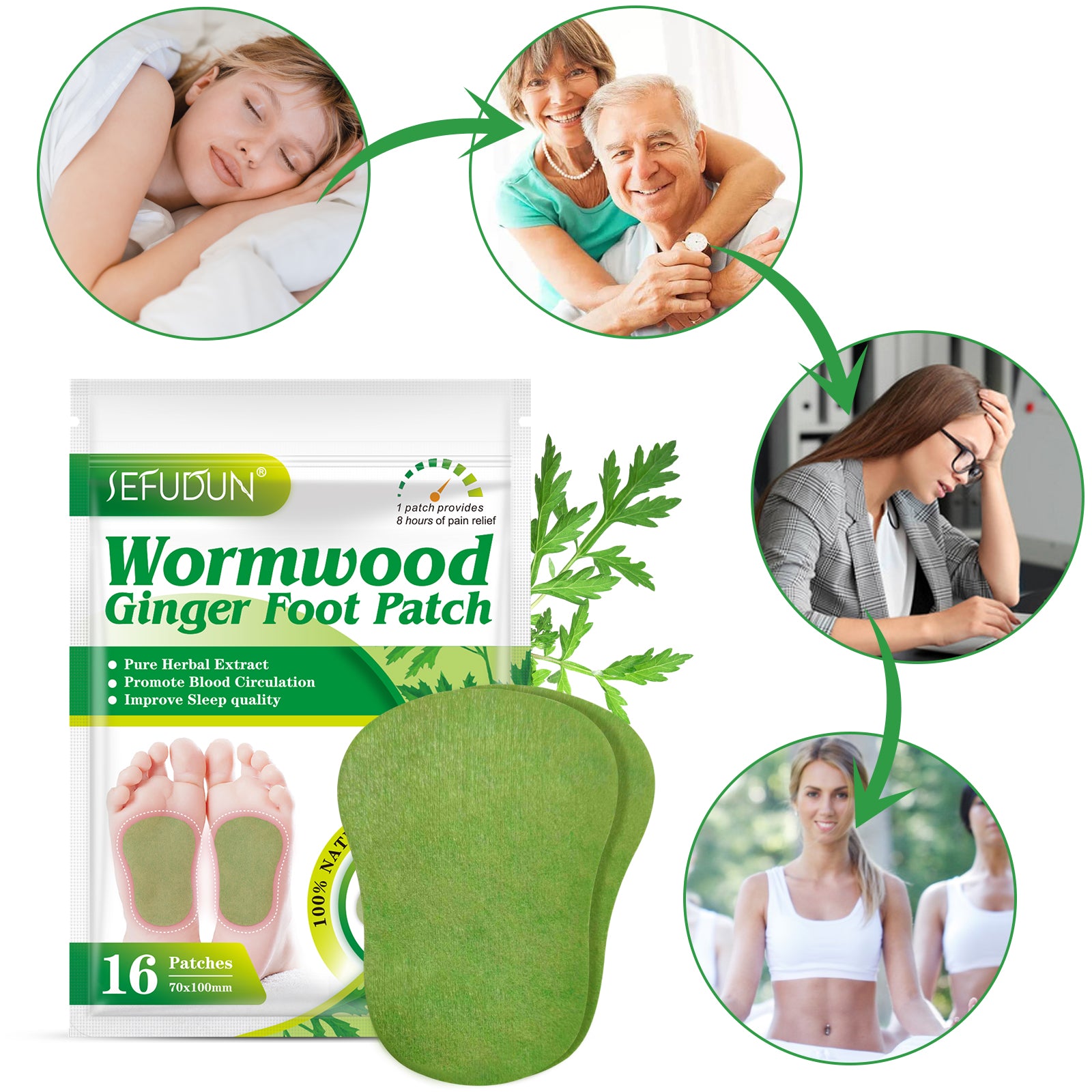 SEFUDUN Wormwood Ginger Detox Foot Patches, 16pcs