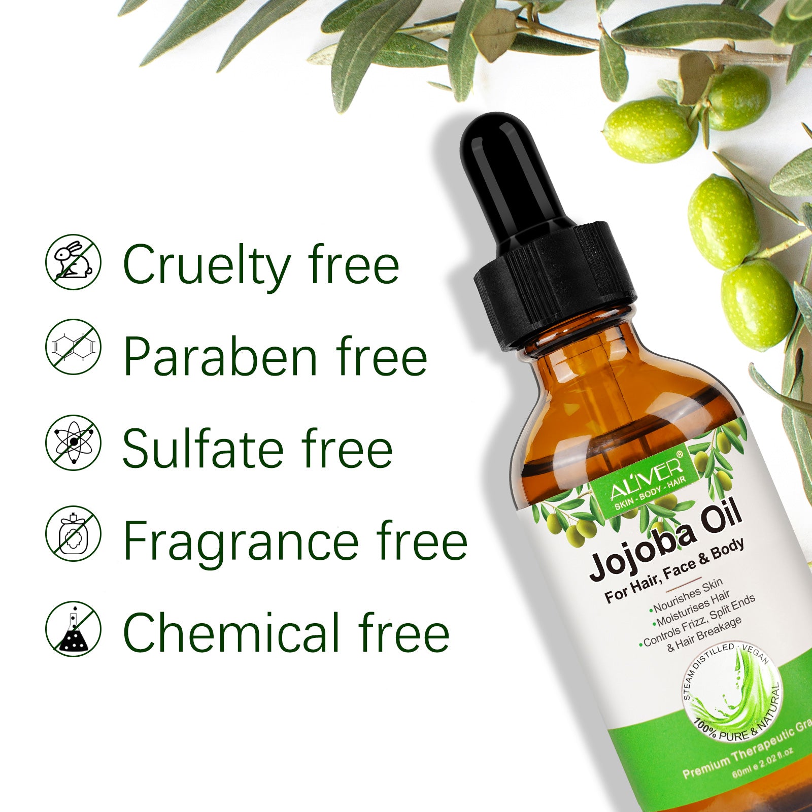 ALIVER Pure Jojoba Oil for Hair, Face & Body, 60ml