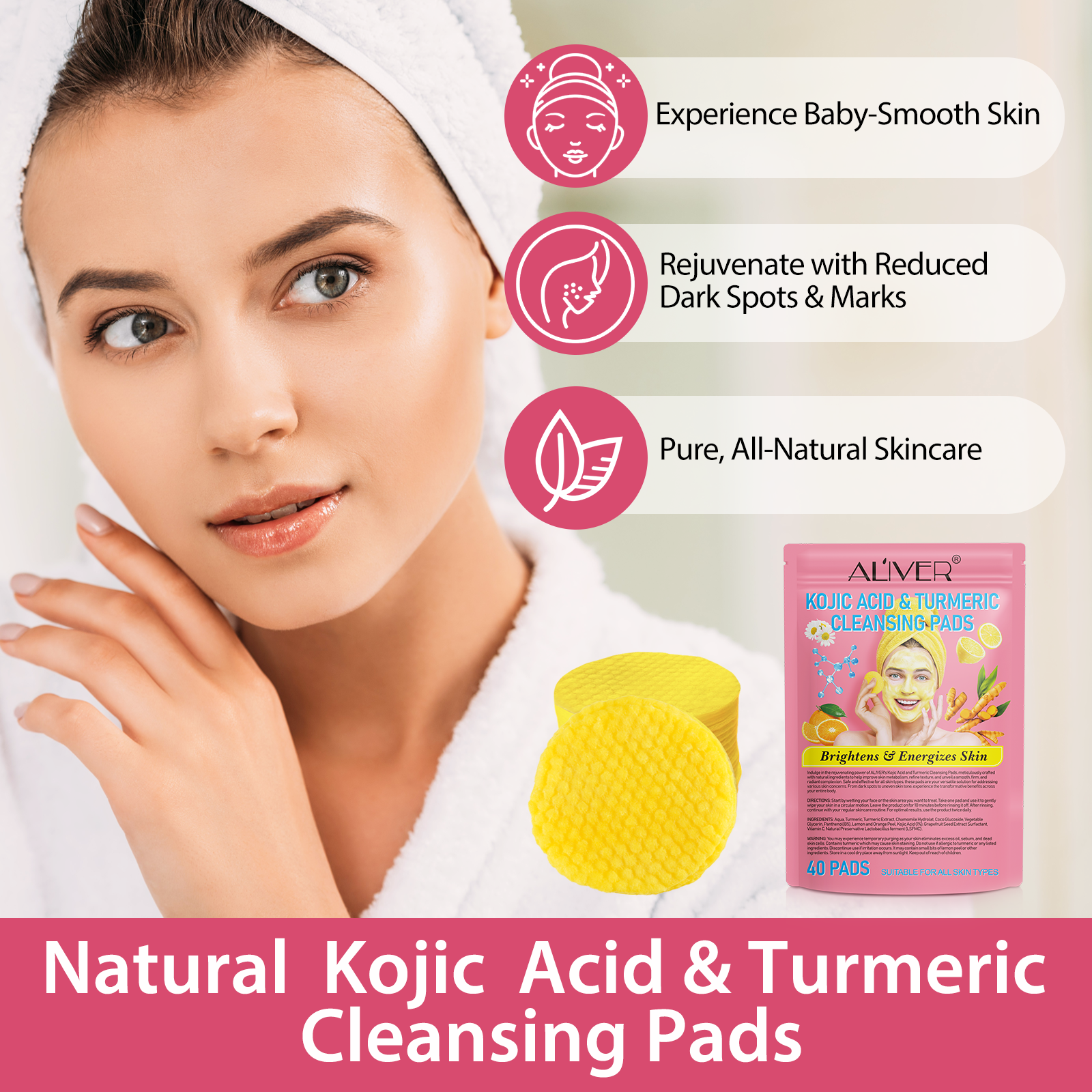 ALIVER Kojic Acid & Turmeric Cleansing Pads for Dark Spots, 40pcs