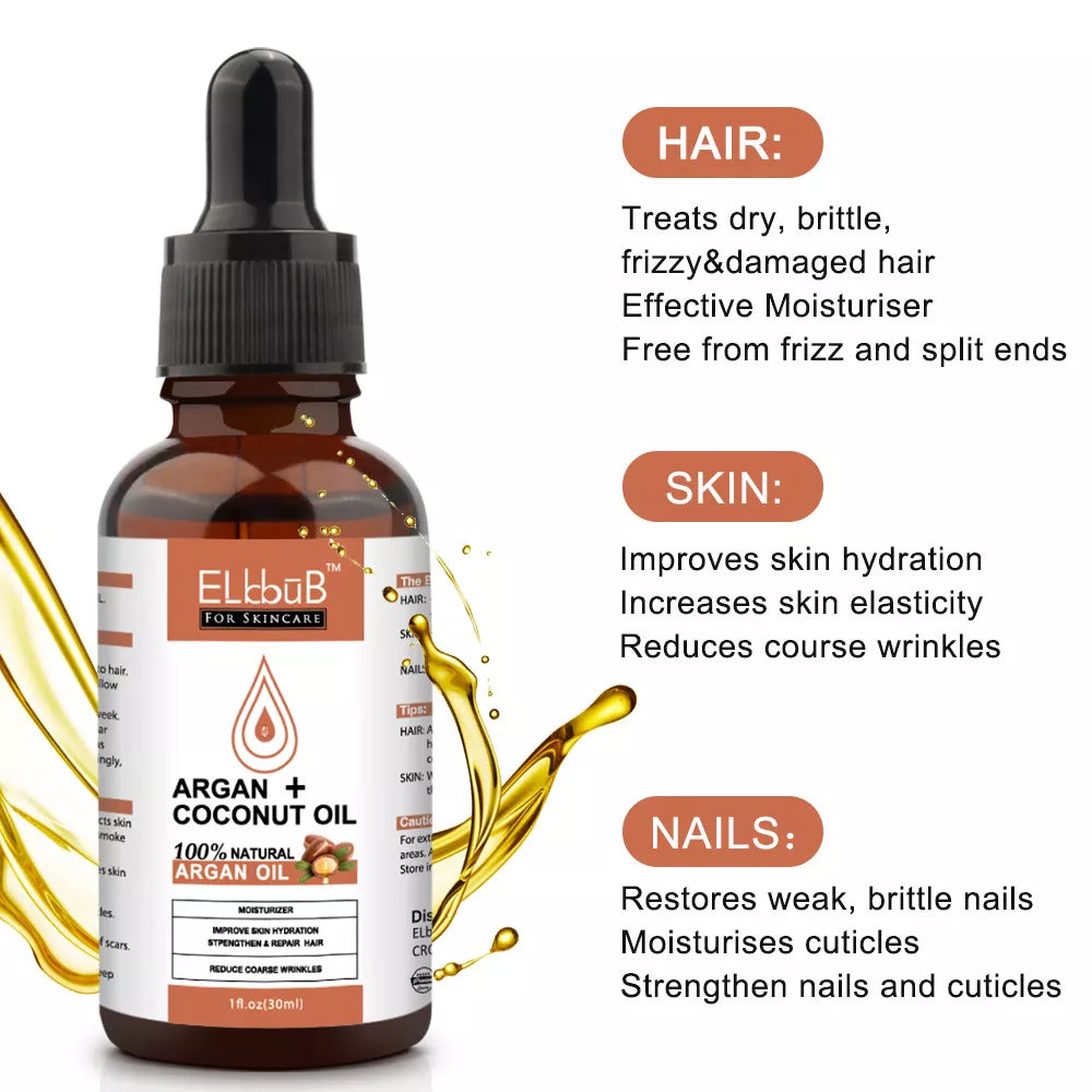 Elbbub Natural Argan Coconut Oil For Face Hair Skin Nails Reduces Wrinkles Improves Skin Moisturizer Great for Dry Scalp Split Ends Dry & Damaged Hair