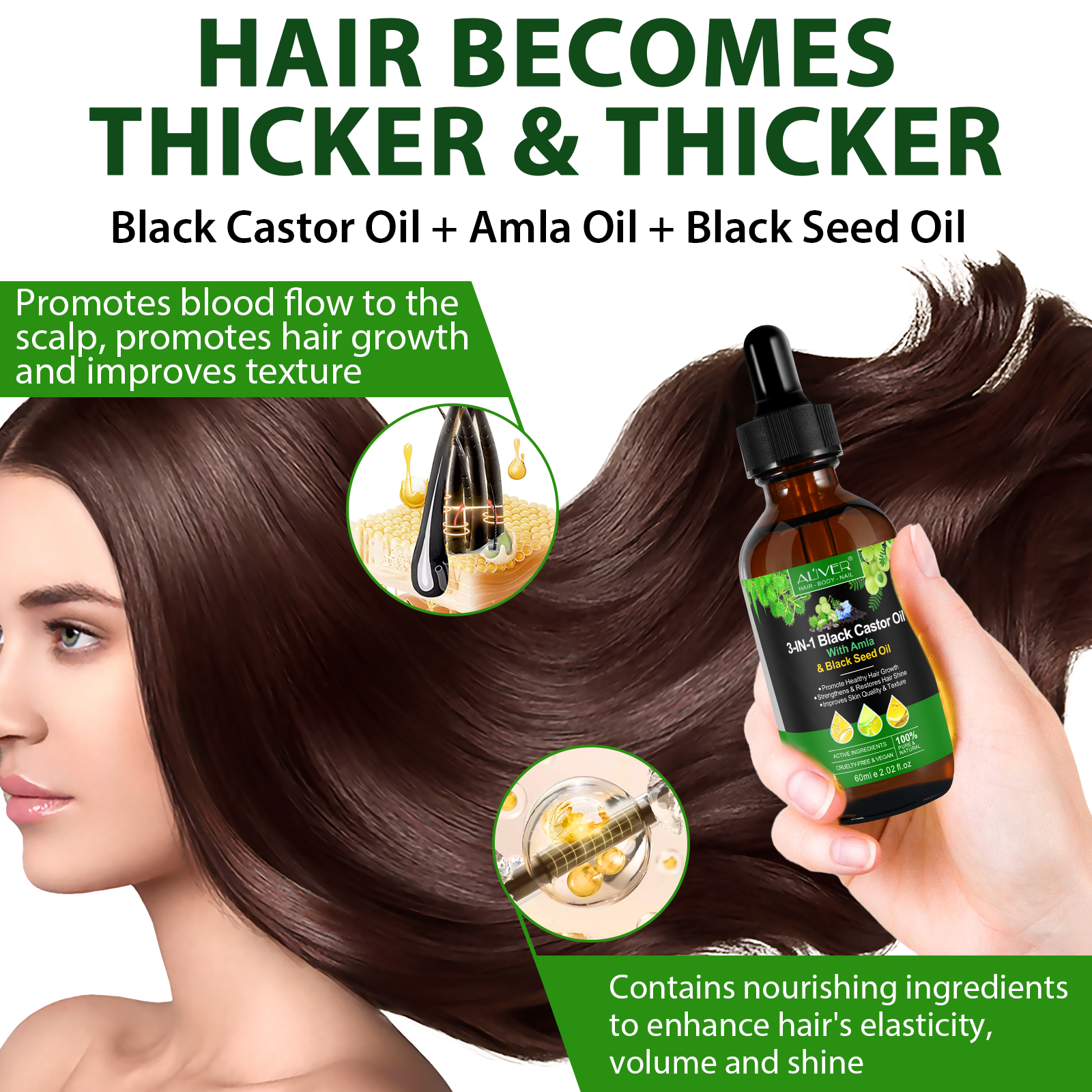 ALIVER Natural 3-in-1 Black Castor Oil with Amla & Black Seed Oil, 60ml