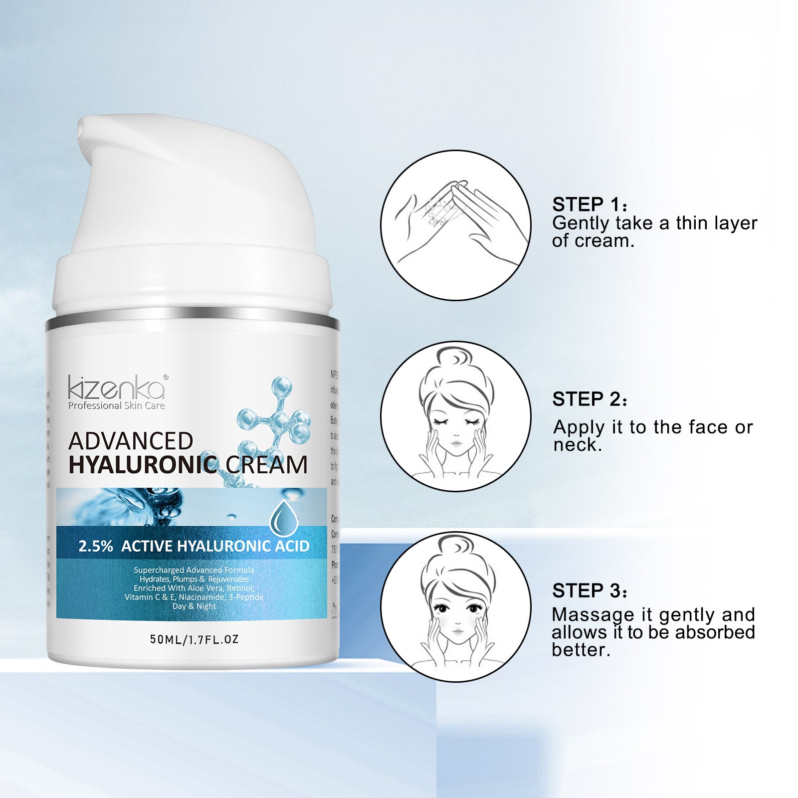 Kizenka Hyaluronic Acid Face Cream Moisturizing Anti Aging Wrinkle Remover Repair Skin Care Retinol Fine Line Repair Niacinamide Day Night