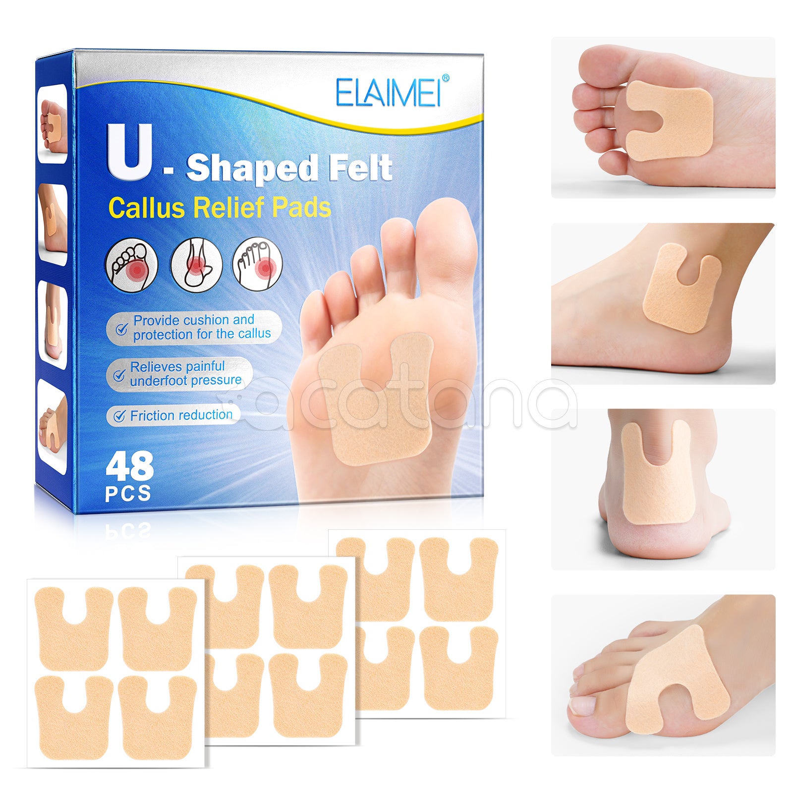 ELAIMEI U-Shaped Felt Callus Pads for Feet Pain Relief & Foot Protection, pack of 48pcs