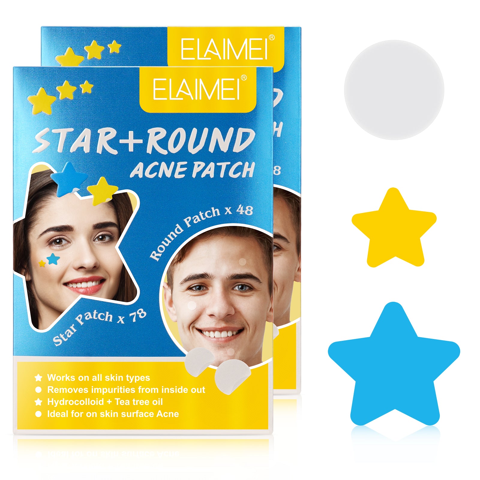 ELAIMEI Stars + Round Pimple Patches, pack of 126pcs (yellow, blue)