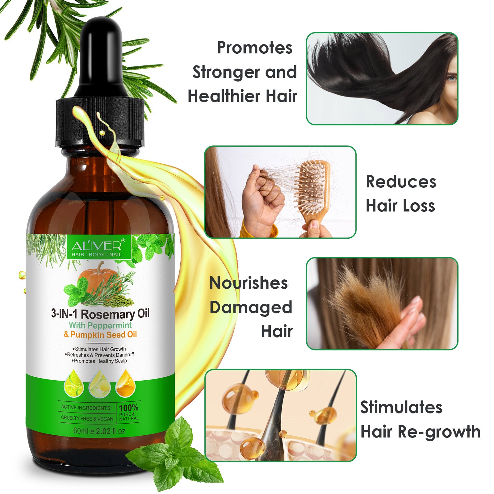 ALIVER Natural 3-in-1 Rosemary Oil with Peppermint & Pumpkin Seed Oil, 60ml