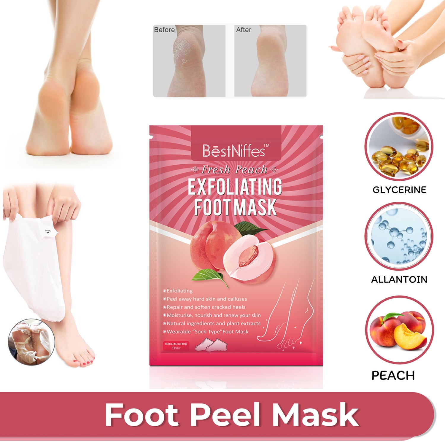 BestNiffes Exfoliating Foot Peel Mask, Fresh Peach