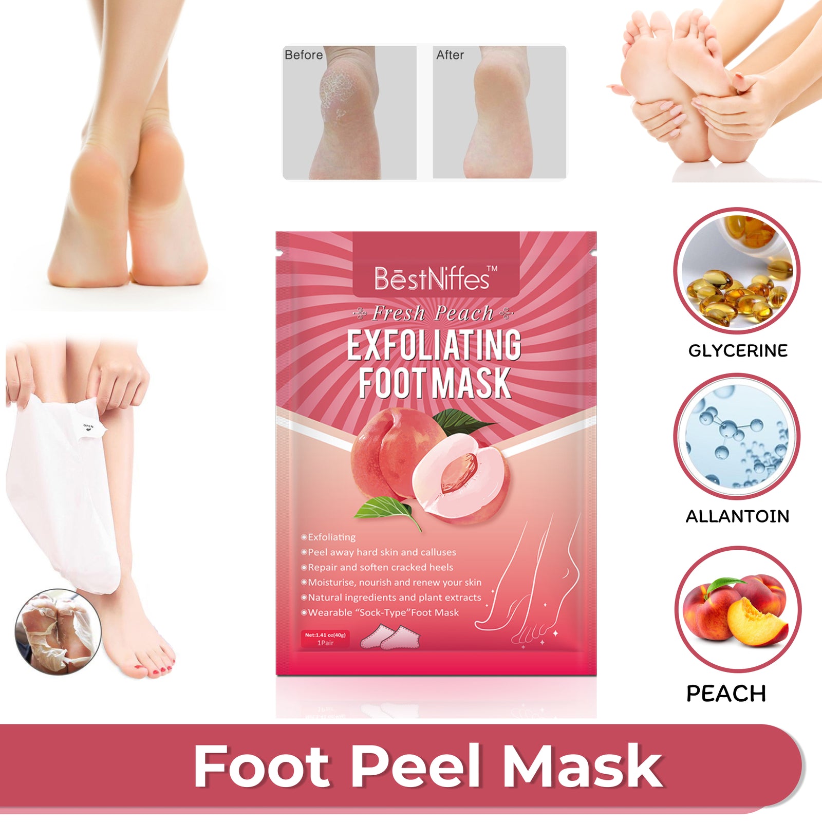 BestNiffes Exfoliating Foot Peel Mask, Fresh Peach