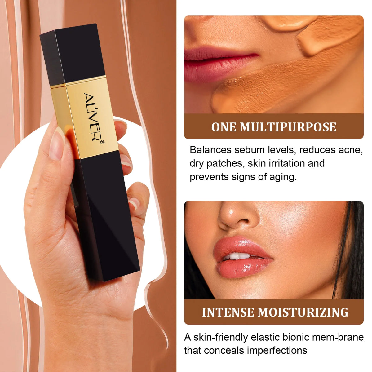 ALIVER 2in1 Colour Changing Concealer Stick & Brush, Long Lasting Makeup - NATURAL TAN