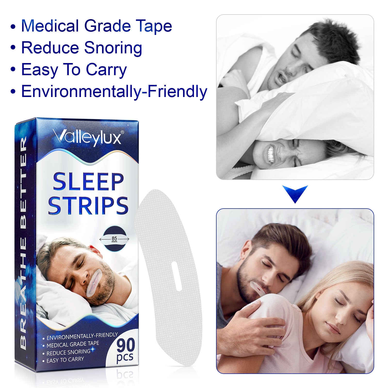 ValleyLux Anti Snoring Sleep Strips Gentle Mouth Tape for Nose Breathing Low Loud Snoring Relief 90 pcs