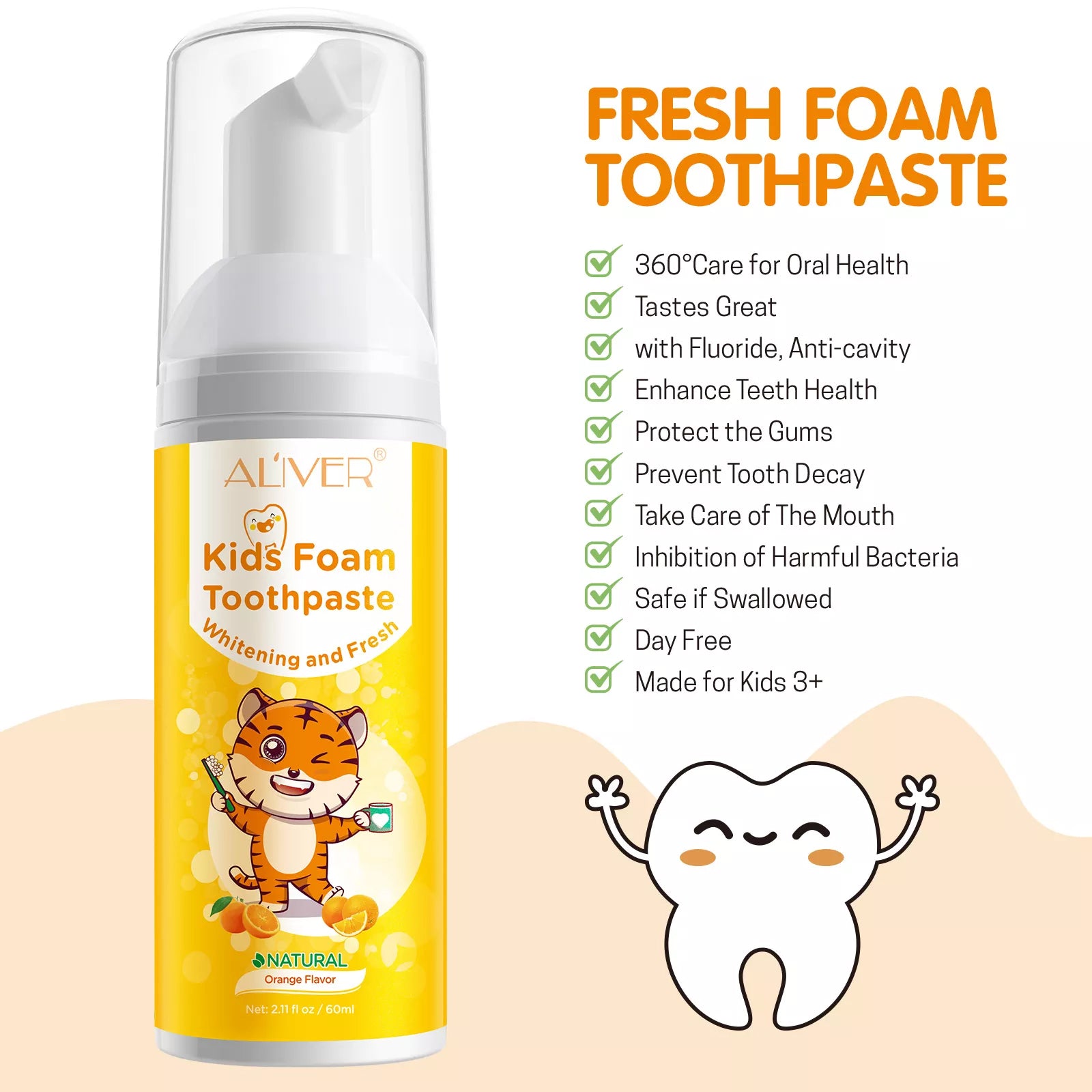 ALIVER Orange Flavor Foam Toothpaste for Kids, 60ml